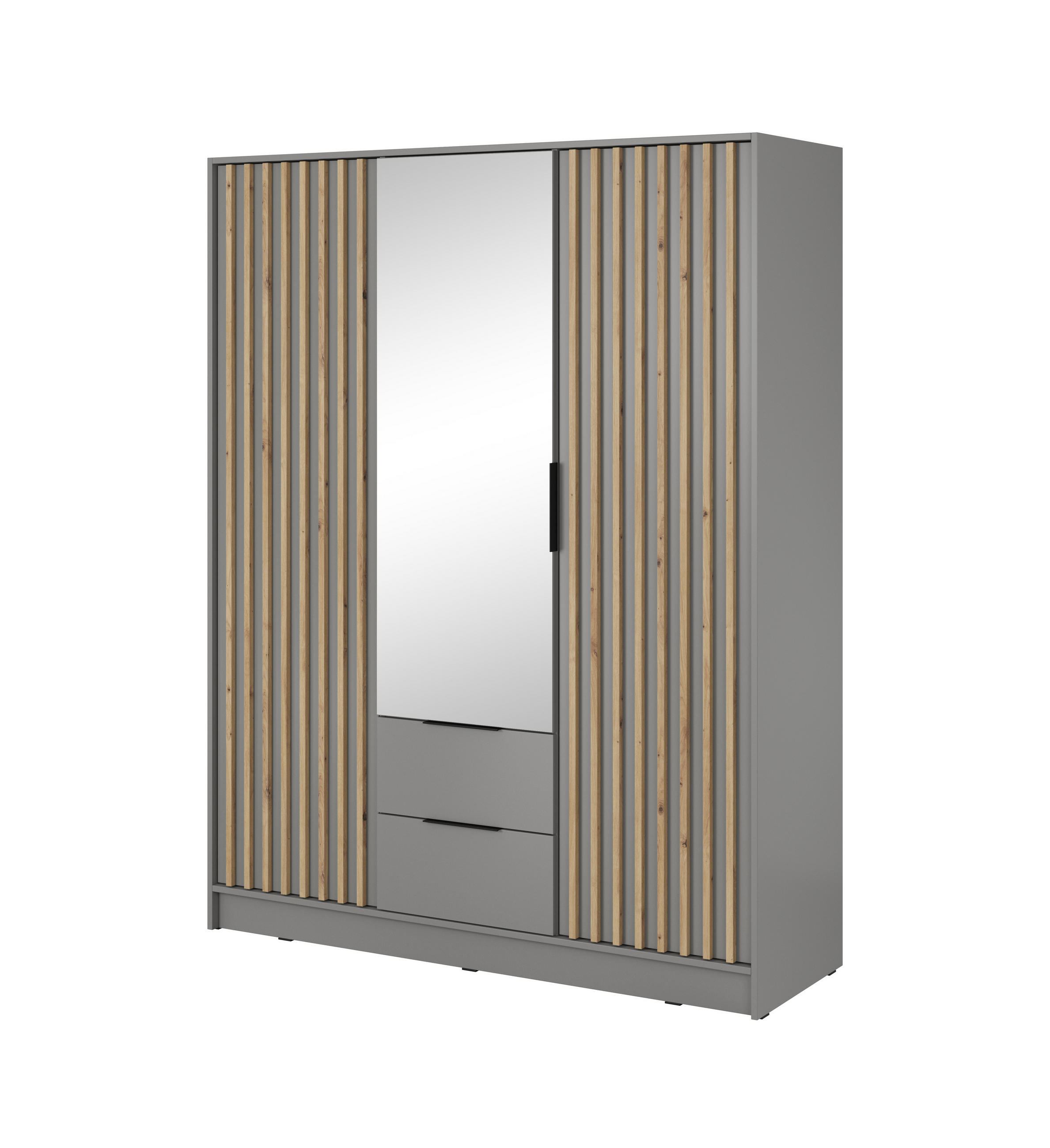 KLEIDERSCHRANK Nelly Grau, Schrank Dreitürige, Garderobe mit Spiegel und Schubladen - Grau, Holzwerkstoff (155/200/51cm) - Bettso