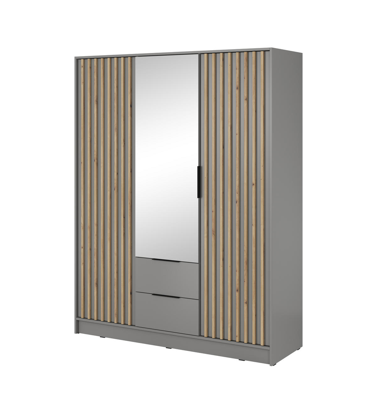 KLEIDERSCHRANK Nelly Grau, Schrank Dreitürige, Garderobe mit Spiegel und Schubladen - Grau, Holzwerkstoff (155/200/51cm) - Bettso