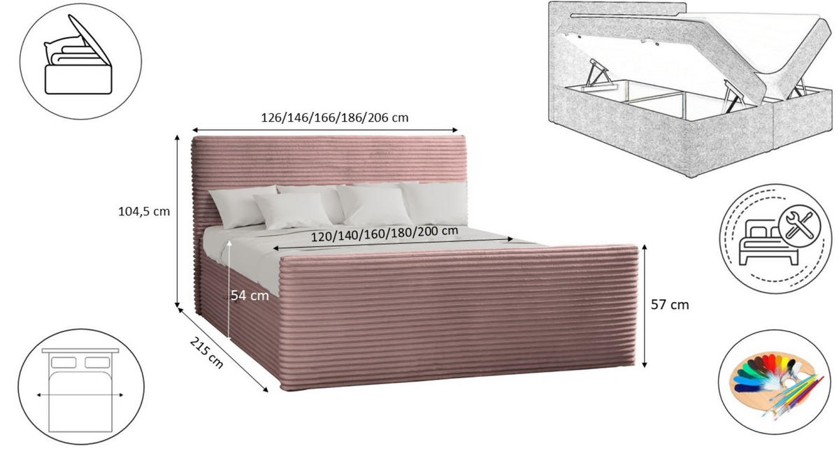 BOXBETT Mit Bettkasten Und Topper TRENTO Stoff Plüsch Cord 140x200 cm Rosa H3-Bonell - Rosa, Holz/Textil (140/200cm) - Kaiser Möbel