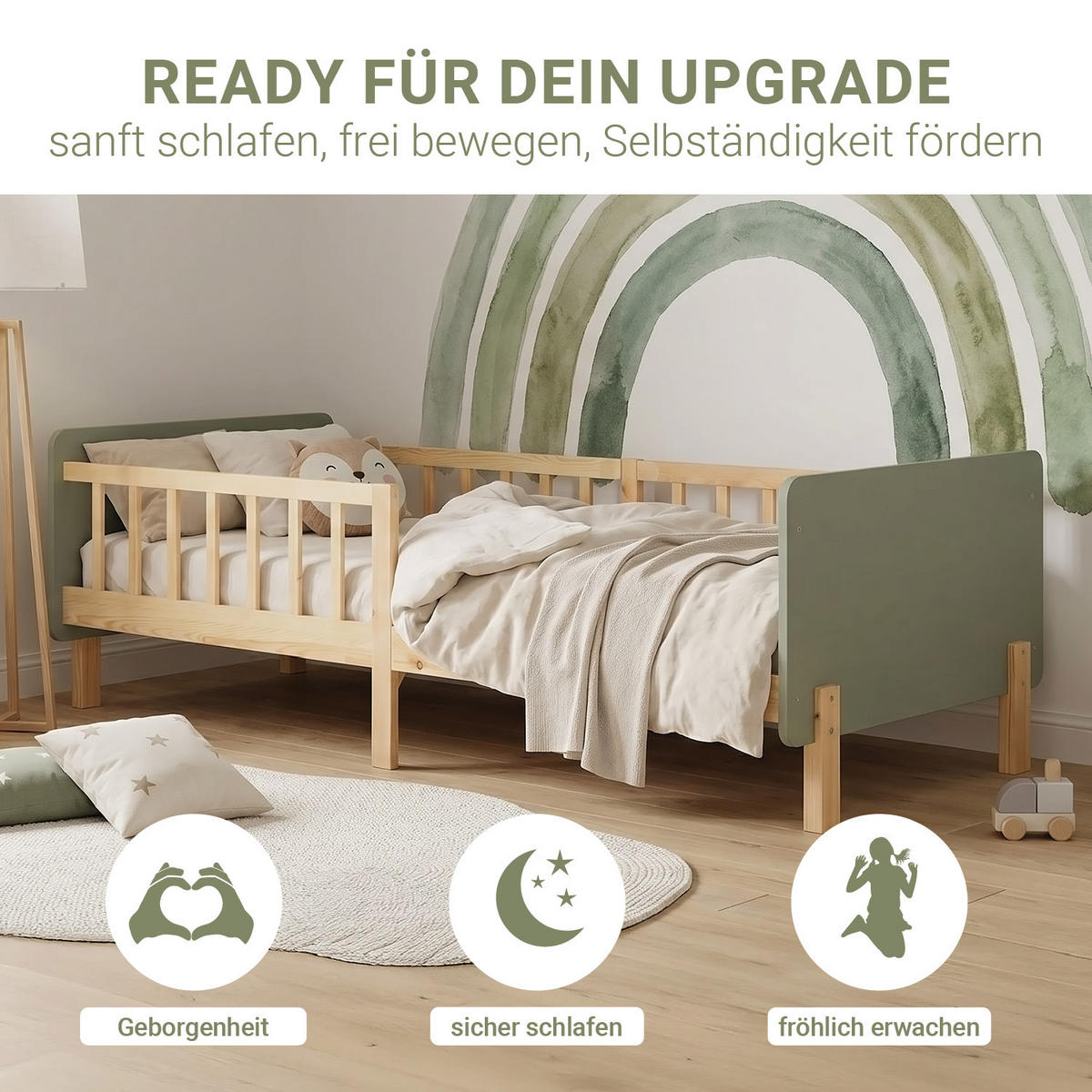 KINDERBETT Grün 90/200 Lattenrost Matratze Rausfallschutz - Grün, Holz (100/67/208cm) - Homestyle4u