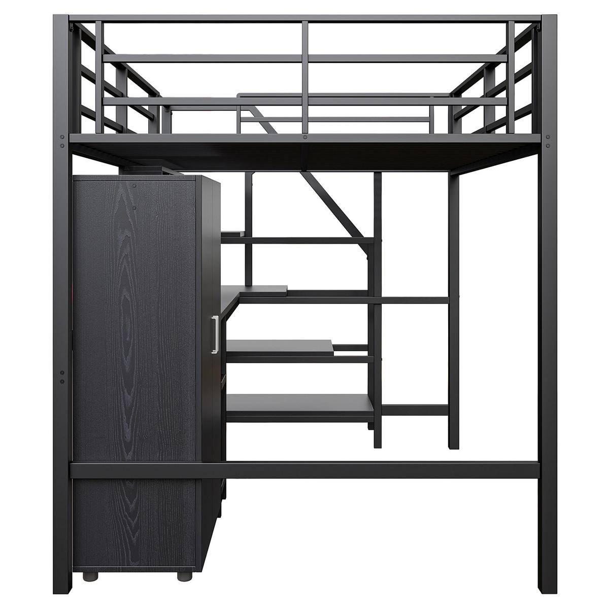 HOCHBETT 140/200 cm in Schwarz mit Schreibtisch, Kleiderschrank und Regalen - Schwarz, Metall (140/200cm) - BEAOK