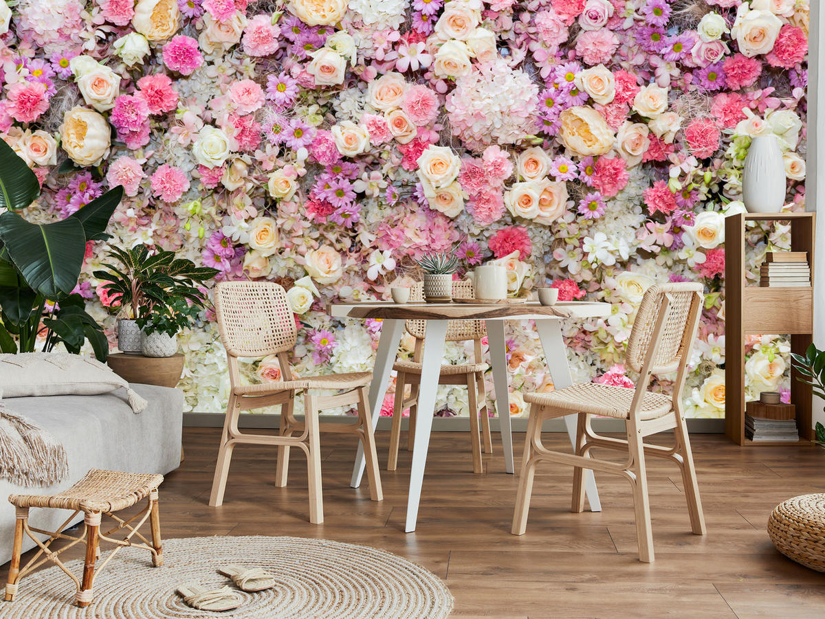 FOTOTAPETE für Schlafzimmer Rosen Pfingstrosen Blumenvielfalt Boho 450x315 - Beige/Gelb, Papier (450/315cm) - Muralo