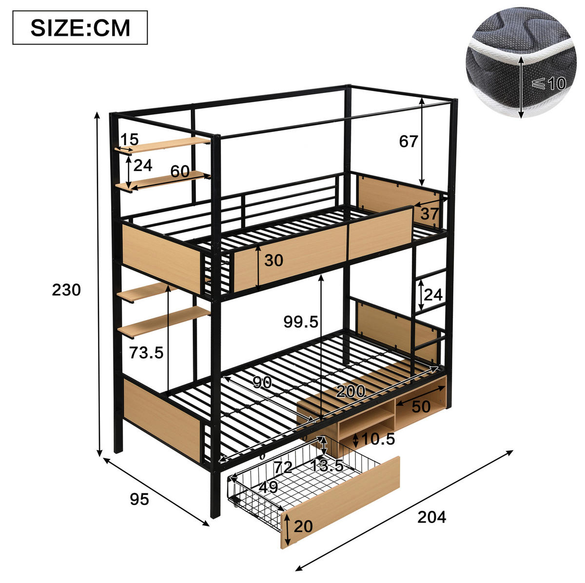 ETAGENBETT 90/200 cm mit Treppe, Ablageflächen und Stauraum aus Metall und MDF, Schwarz/Natur - Schwarz, Holzwerkstoff (90/200cm) - Redom