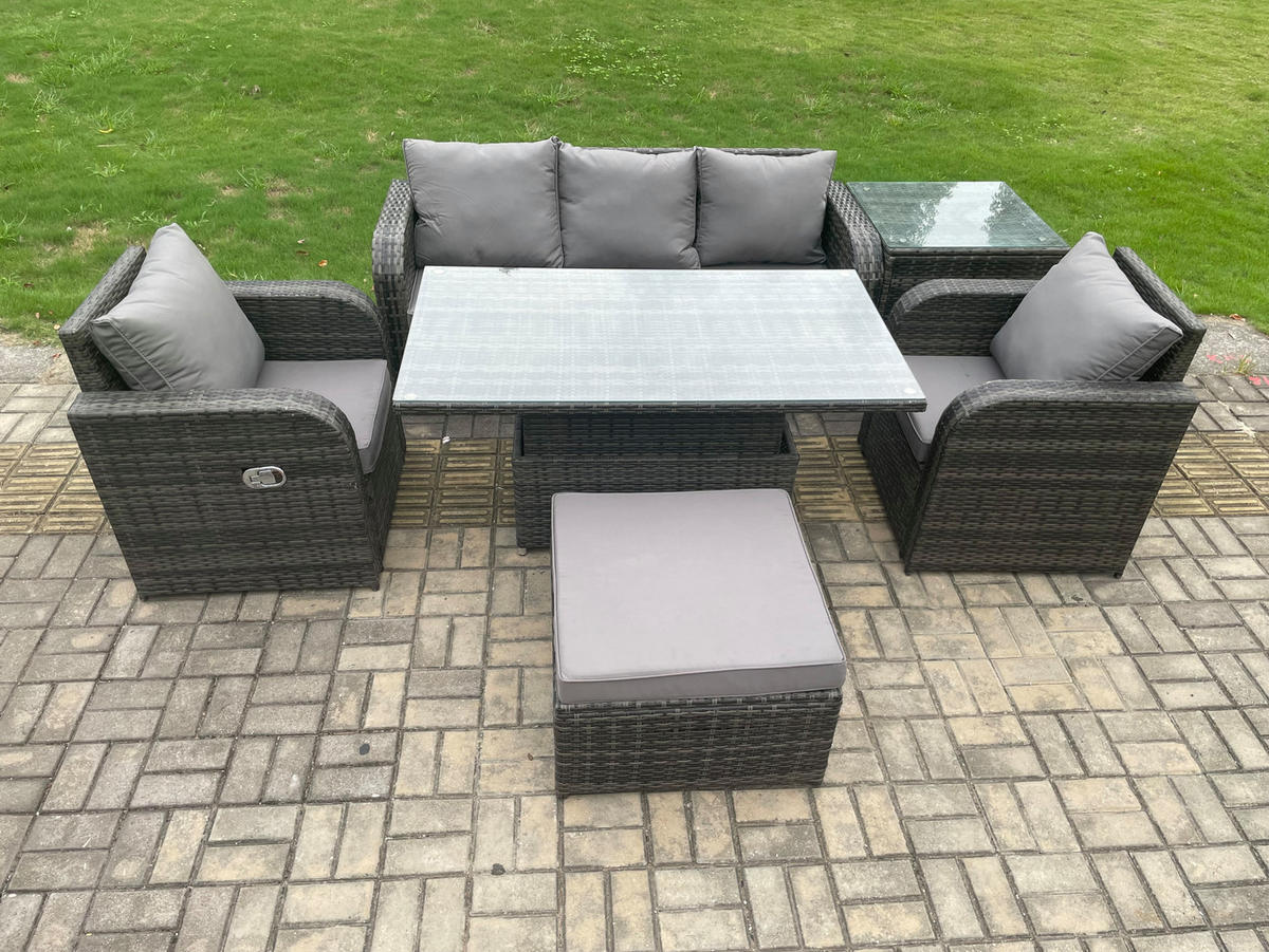 GARTENSOFA SET Polyrattan 6-Sitzer - Dunkelgrau/Grau, Glas/Kunststoff - Fimous