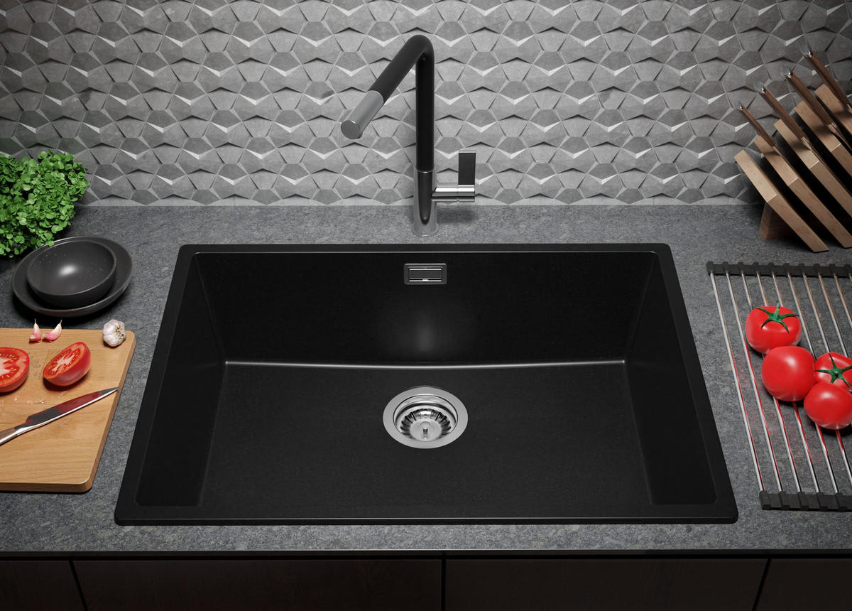SPÜLBECKEN London Slim, 2-er set Alles Schwarz 66/47 cm 1 Becken + Ablauf-Set ab 70er Unterschrank - Schwarz, Kunststoff (66/20/47cm) - Primagran