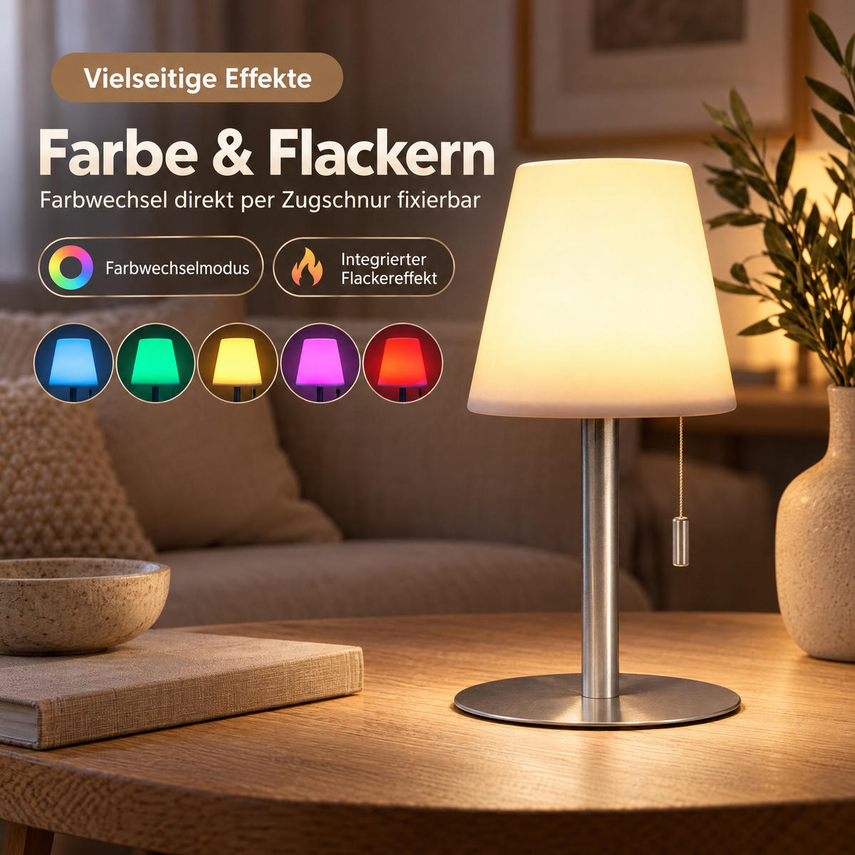 LED-TISCHLEUCHTE mit Akku 4400mAh stufenlos dimmbar Farbwechsel Zugschnur Metall-Standfuß silber H 30cm - Weiß, Metall (17/17/30cm) - Northpoint