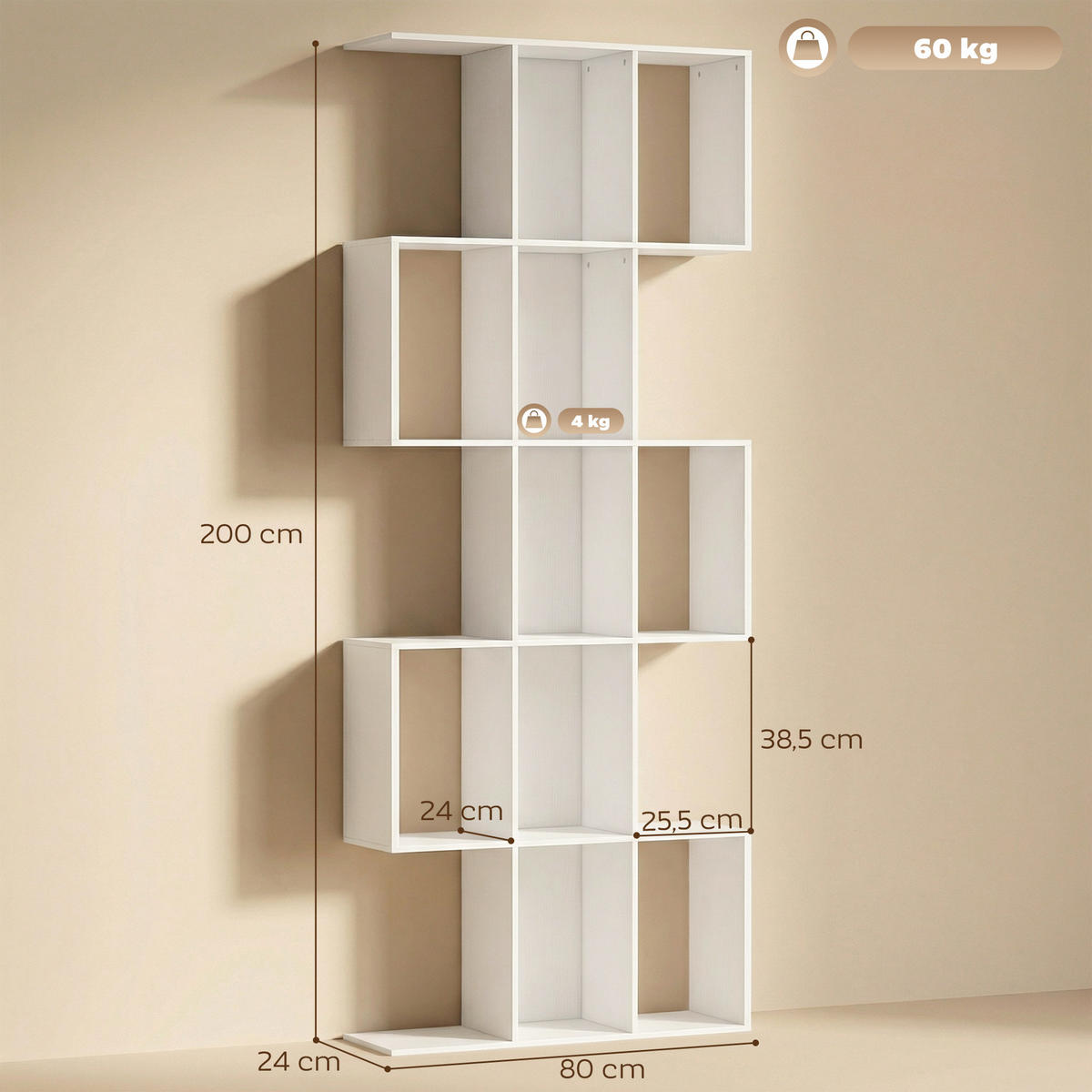 BÜCHERREGAL,5-STUFIG S-förmig 80x24x200cm,weiß - Weiß, Holzwerkstoff (80/200/24cm) - Vallsero