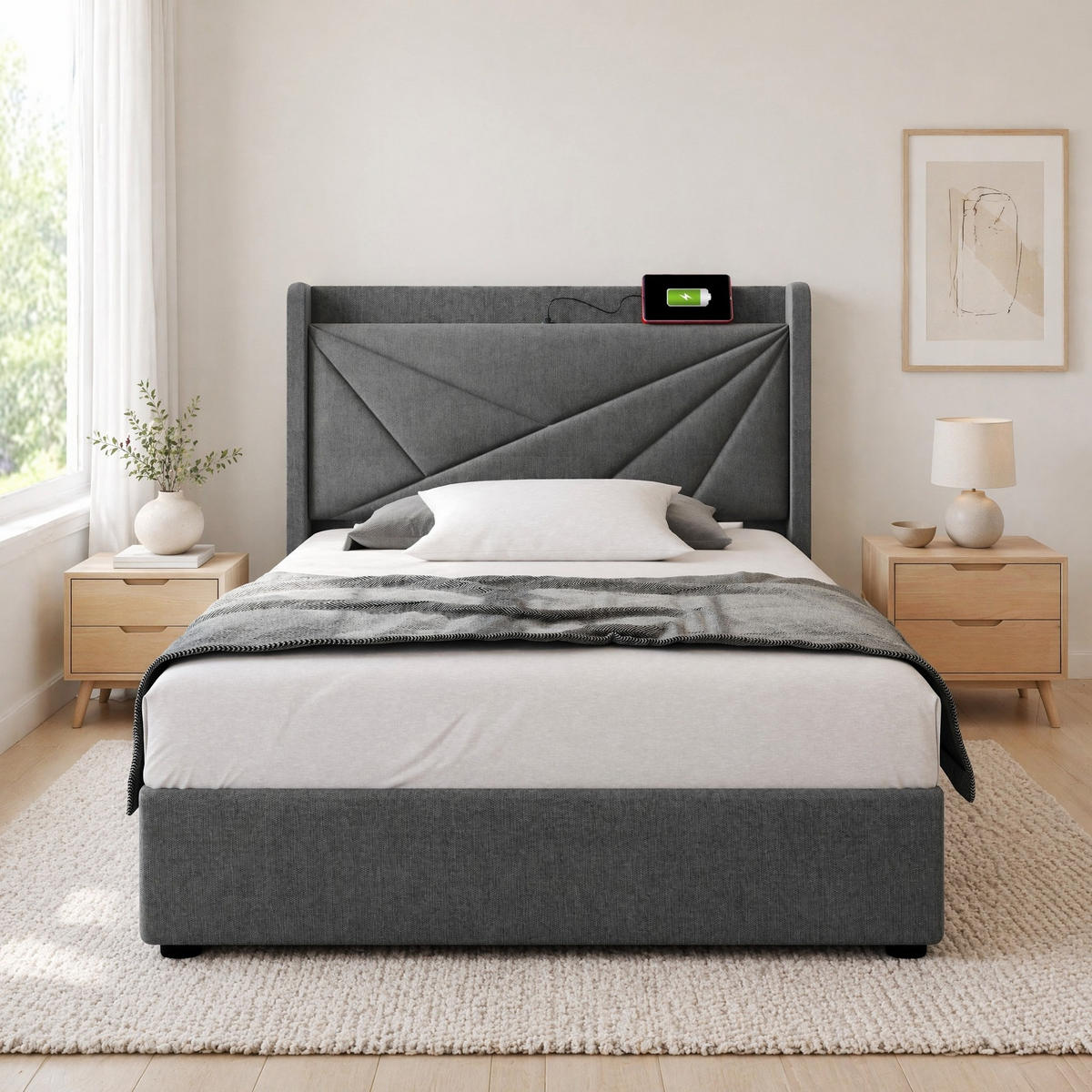 POLSTERBETT 90/200 mit Bettkasten und USB Type-C in Baumwoll-Leinen - Grau, Holzwerkstoff/Textil (90/200cm) - EVRYAE