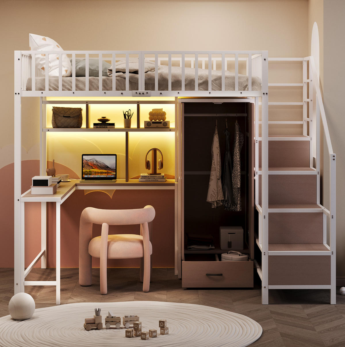 HOCHBETT 140/200 cm Weiß mit Schreibtisch, LED und USB - Weiß, Metall (140/200cm) - MIVRAY