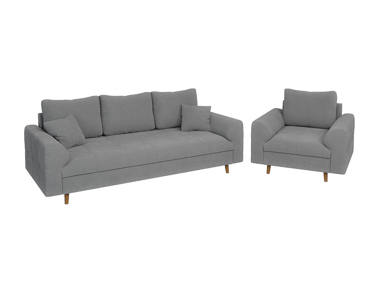SITZGARNITUR 3+1 Henrik Grau Boucle - Braun/Grau, Holz/Textil (210/81/93cm) - S-Style Möbel