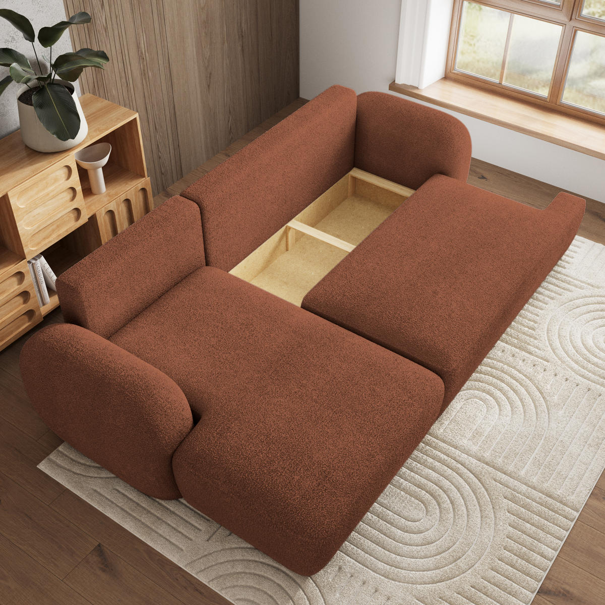 ECKSOFA MODENZA N L-S Orange Boucle-Stoff mit Schlaffunktion - Orange, Holz (266/148cm) - MASSENO