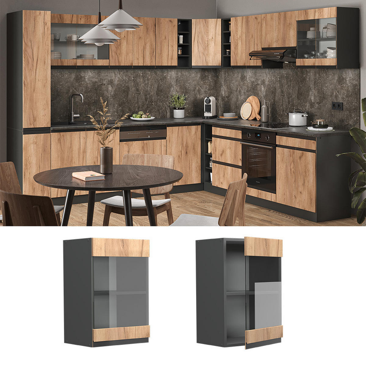 KÜCHENGLASSCHRANK R-Line Goldkraft Eiche 40 cm J-Shape - Honigeiche/Anthrazit, Holzwerkstoff (40/60/31cm) - Vicco