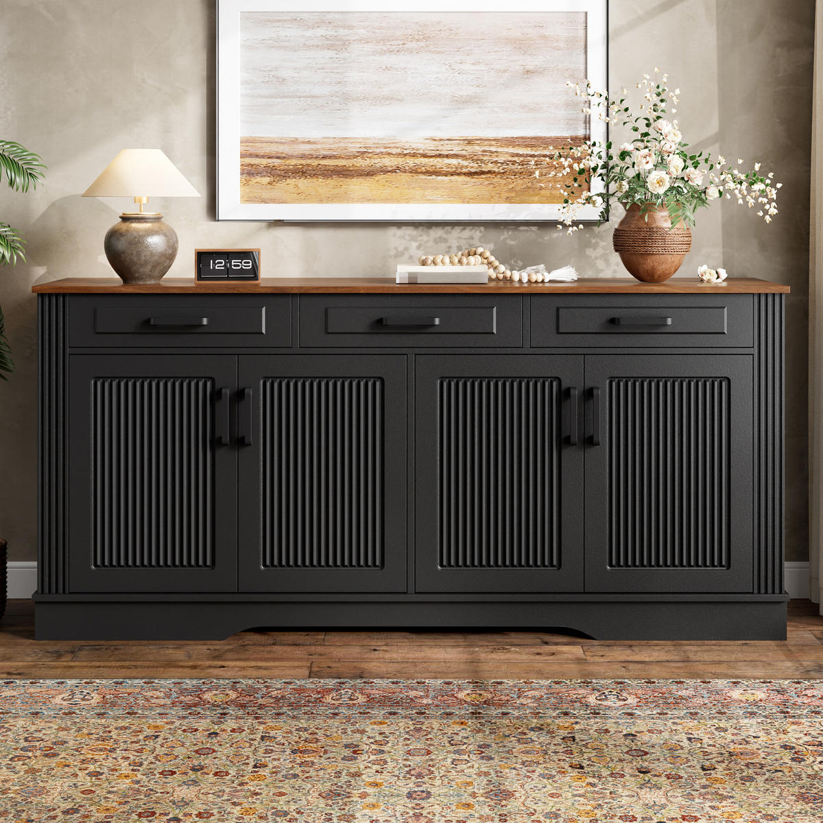 SIDEBOARD 3D Streifen MDF 3 Schubladen 4 Türen Modern Weiß - Schwarz, Holzwerkstoff (160/75/40cm) - FLIEKS