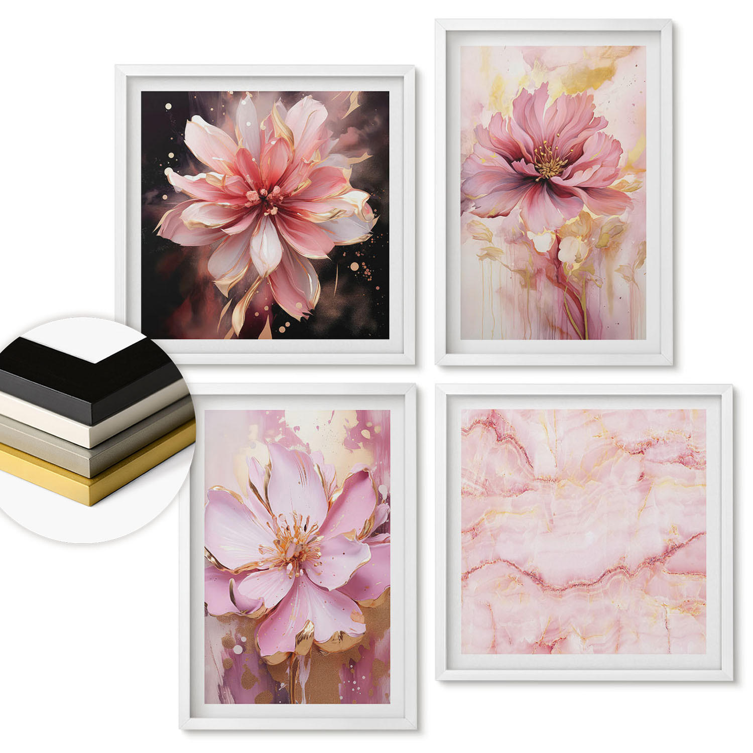 WANDBILDER 4er-Set - 50x50 cm & 40x60 cm Weißer Rahmen - Blumenarrangements aus weißen Rosen - Weiß, Kunststoff (50/50cm) - ArtPrintCave