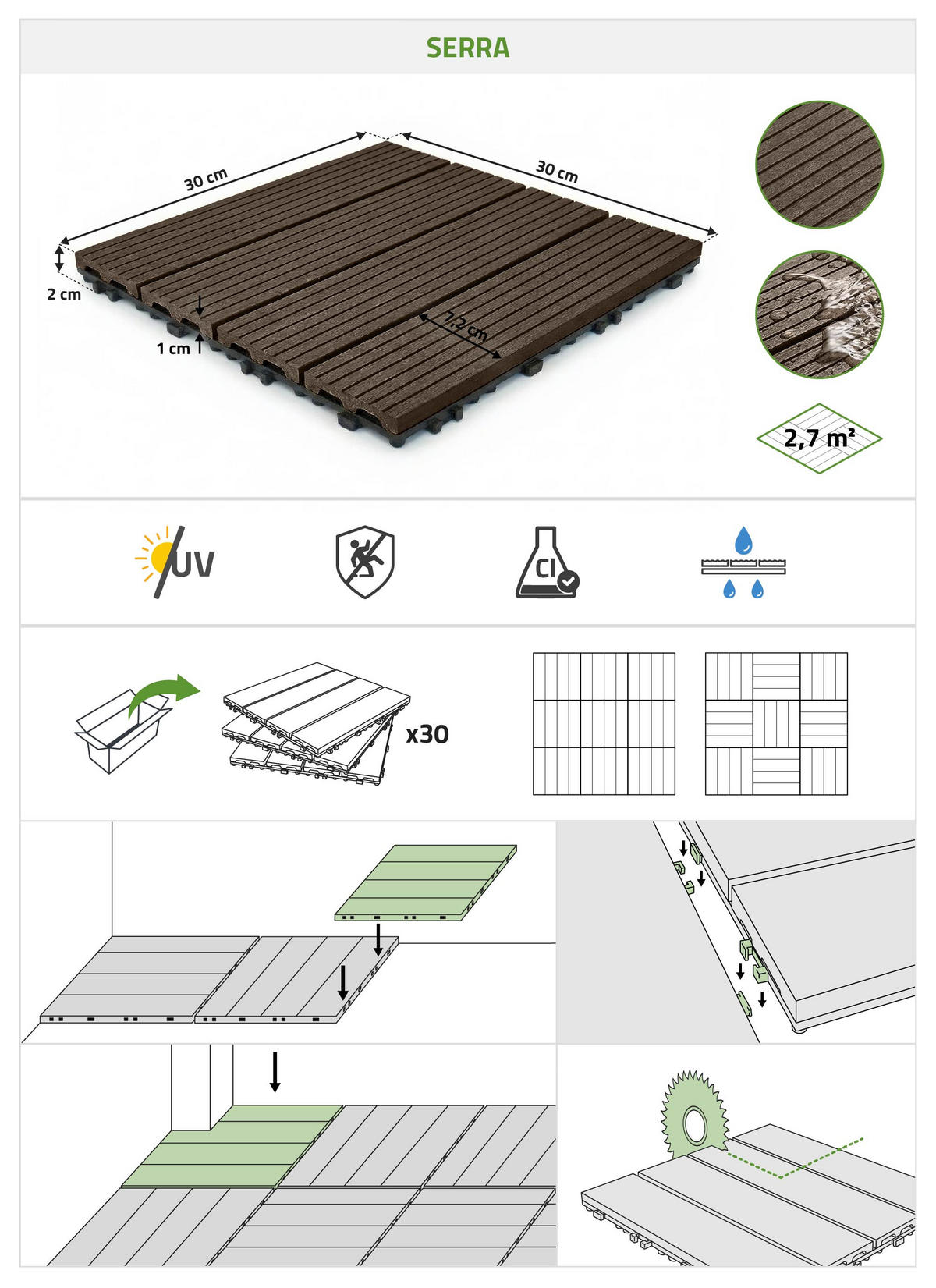 30ER-SET Terrassenplatten aus Verbundwerkstoff SERRA, braun, geriffelt, 30 x 30 cm - Braun, Holzwerkstoff (30/30/2cm) - Casanoov