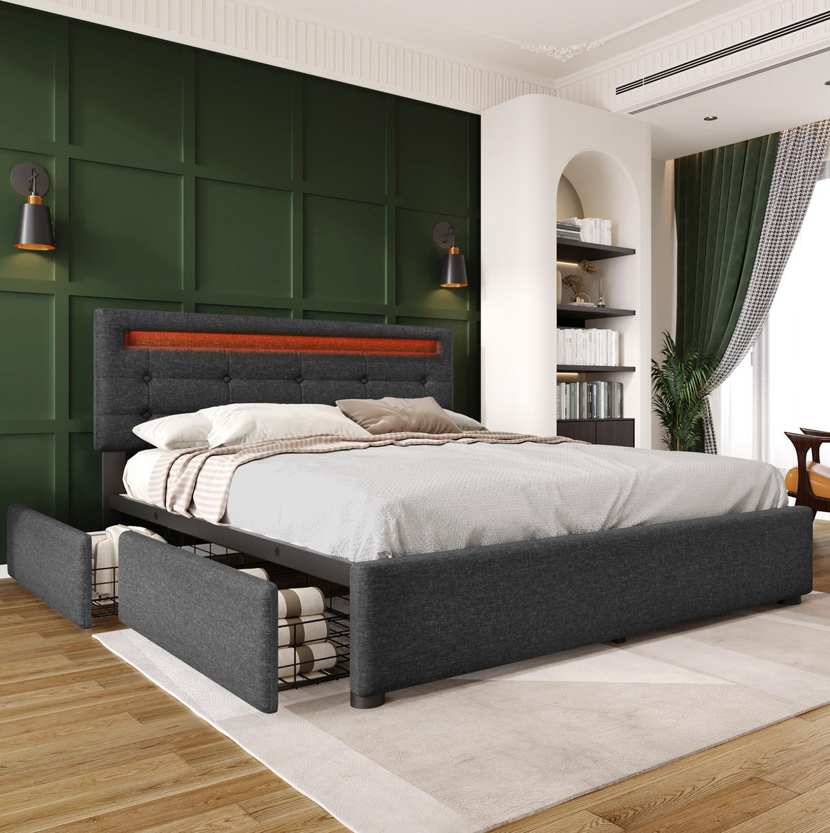 ČALÚNENÁ posteľ z ľanu 140x200 cm sivá s LED osvetlením, 4 zásuvkami a matracom - sivá, textil (140/200cm) - Modfu
