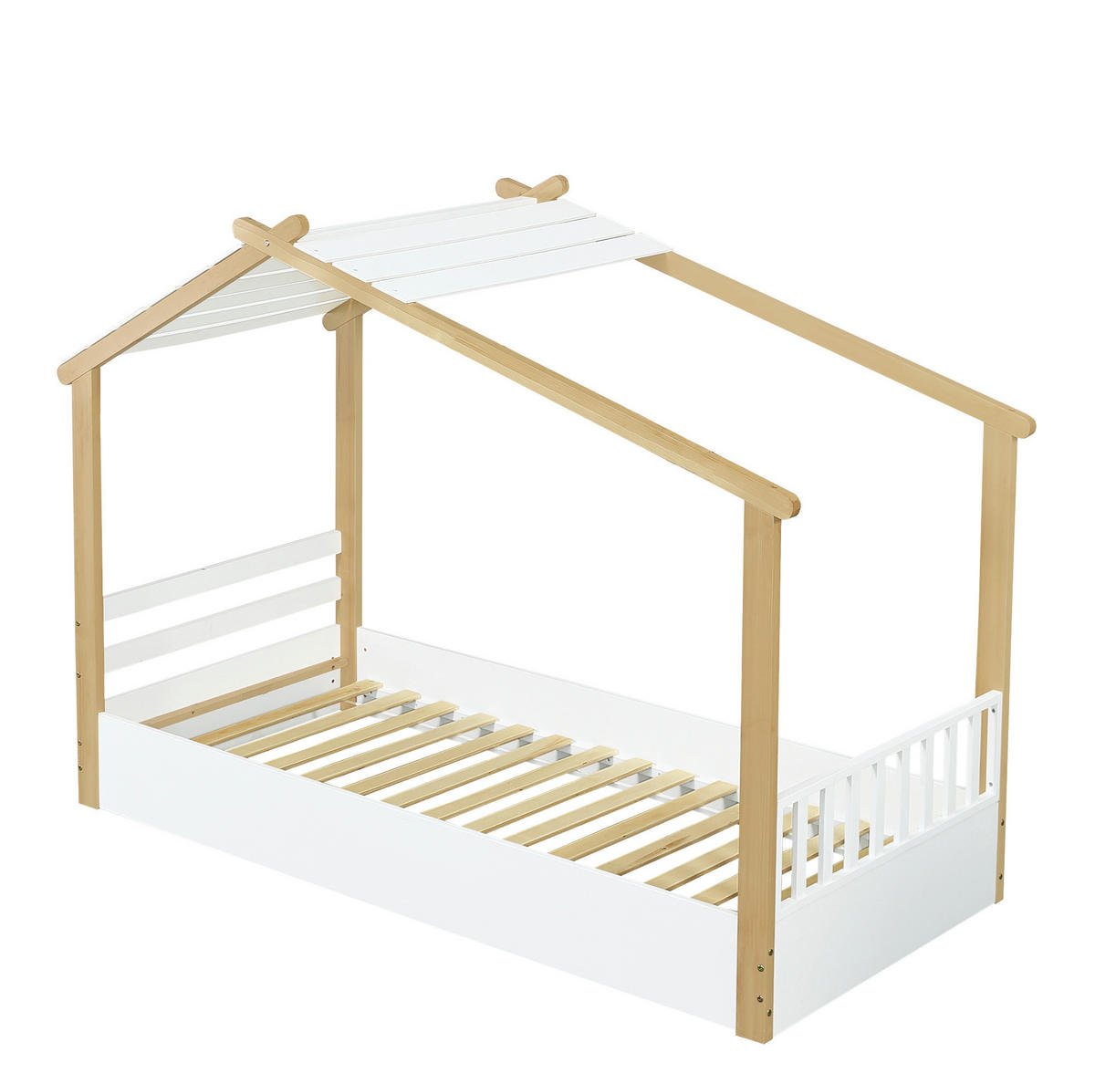 KINDERBETT 90/200 cm, Weiß/Natur mit Hausdesign, Lattenrost, ohne Matratze - Weiß, Holz (90/200cm) - MIVRAY
