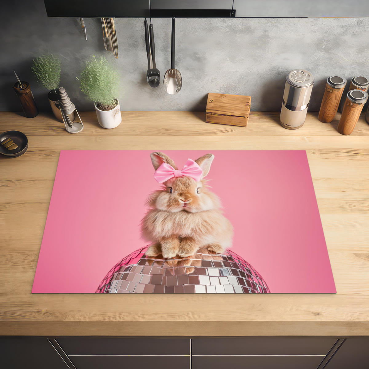 HERDABDECKPLATTE Schleife - Discoball - Kaninchen Ceranfeldabdeckung 78x52 cm - Pink, Kunststoff (78/52/0.2cm) - MuchoWow