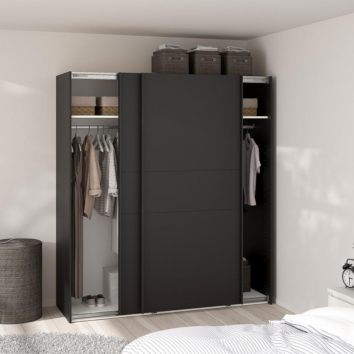 SCHIEBETÜRENSCHRANK, Como, Schwarz, Holzwerkstoff, 179 x 67 x 201 cm - Schwarz, Holzwerkstoff (179/201/67cm) - ebuy24