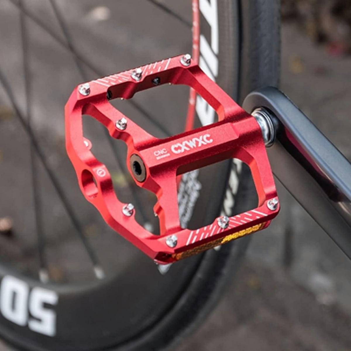 FAHRRADPEDALE 9/16 Zoll CNC Aluminium Rot mit Reflektoren - Rot, Metall (9.8/3/11.7cm)