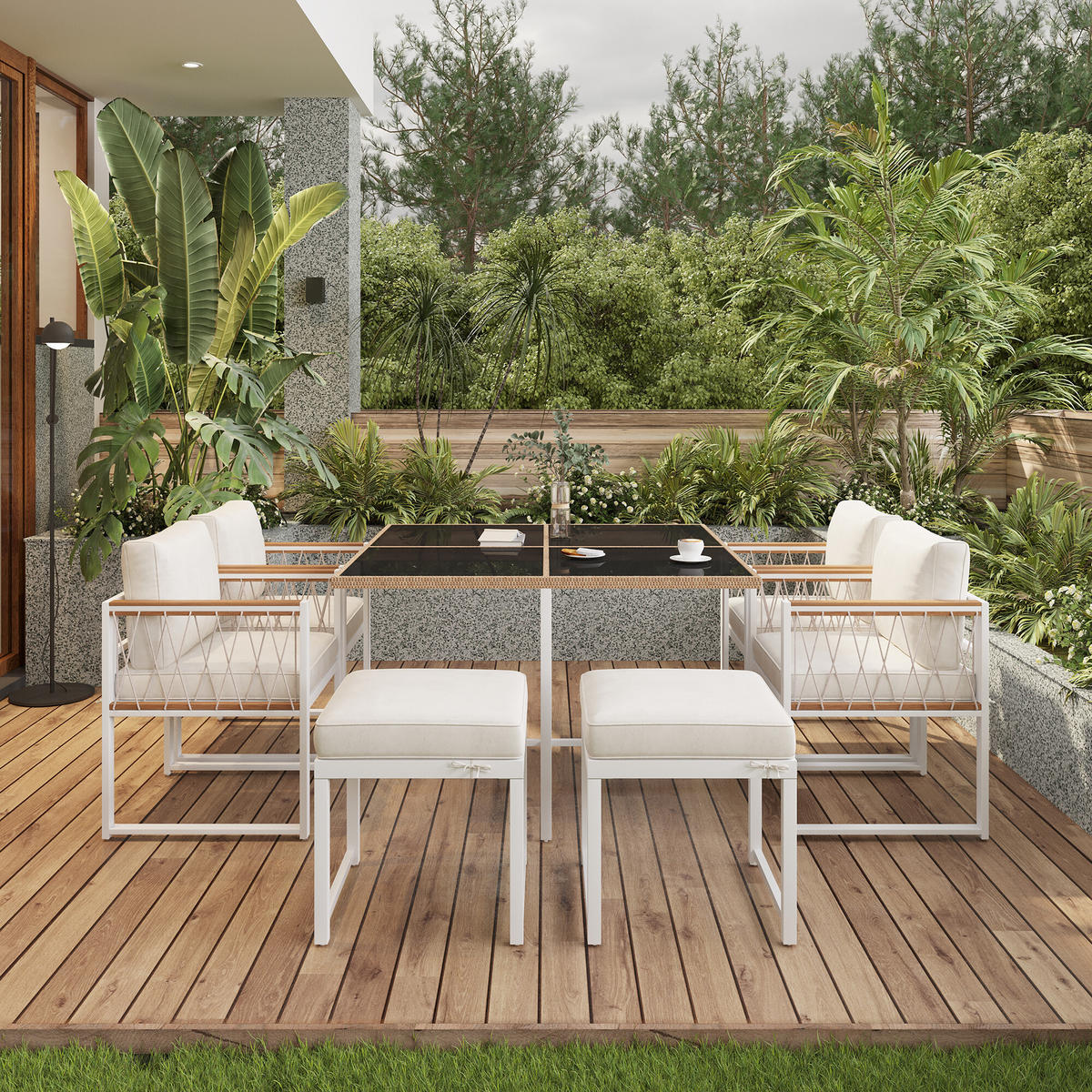 GARTENTISCH- UND STUHLSET Weiß 7tlg - Creme, Glas/Holzwerkstoff - Urban Meuble