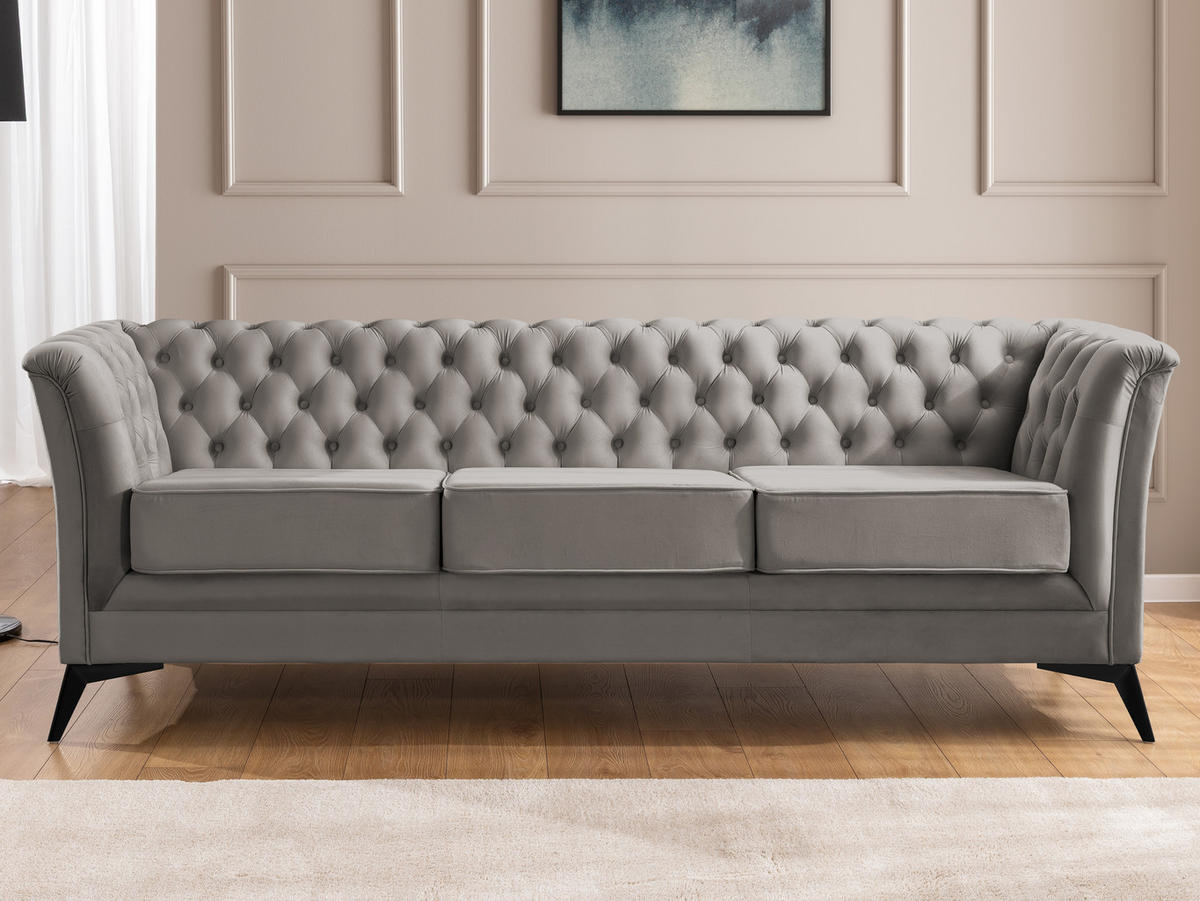 CHESTERFIELD-SOFA 3-sitzer Whitby Grau Samt mit schwarzen Füßen - Schwarz/Grau, Holz/Textil (237/78/82cm) - S-Style Möbel
