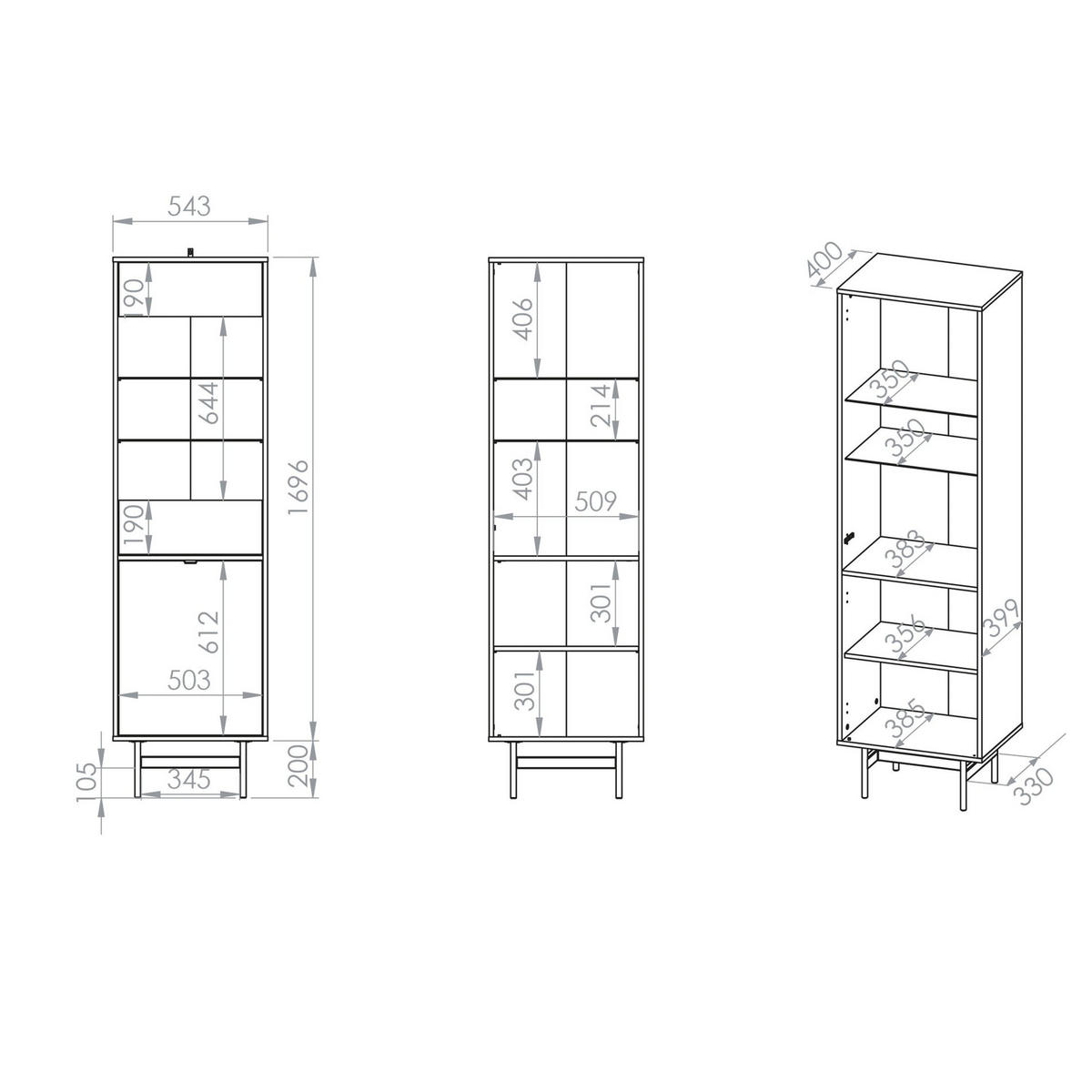 VITRINE Heggers Eiche Mavelie 54 cm - Eichefarben/Schwarz, Holzwerkstoff/Metall (54.3/169.6/40cm) - Selsey