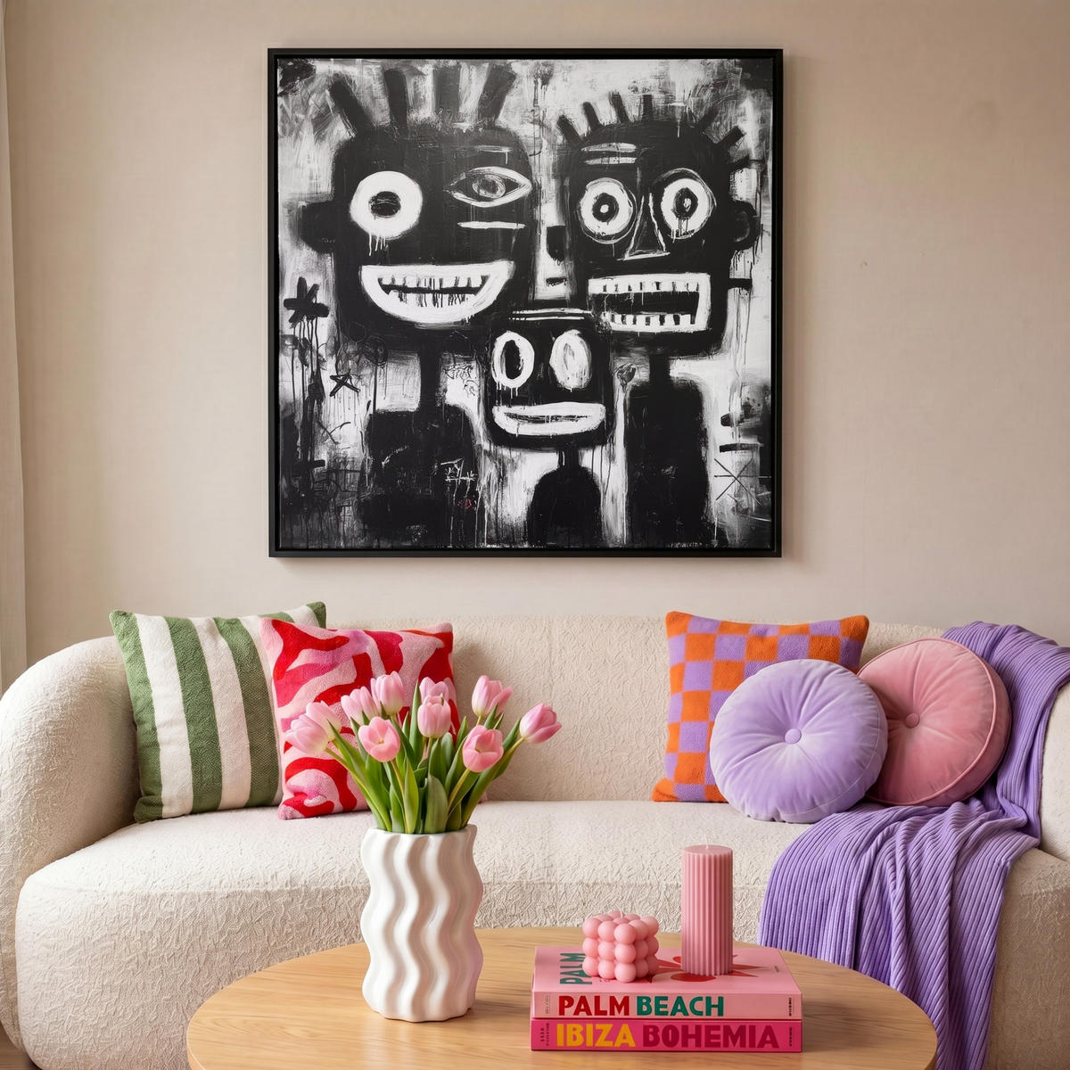 LEINWAND Bilder mit Rahmen - Malerei - Figuren - Schwarz - Abstrakt - 90x90 - Schwarz, Textil (90/90cm) - MuchoWow