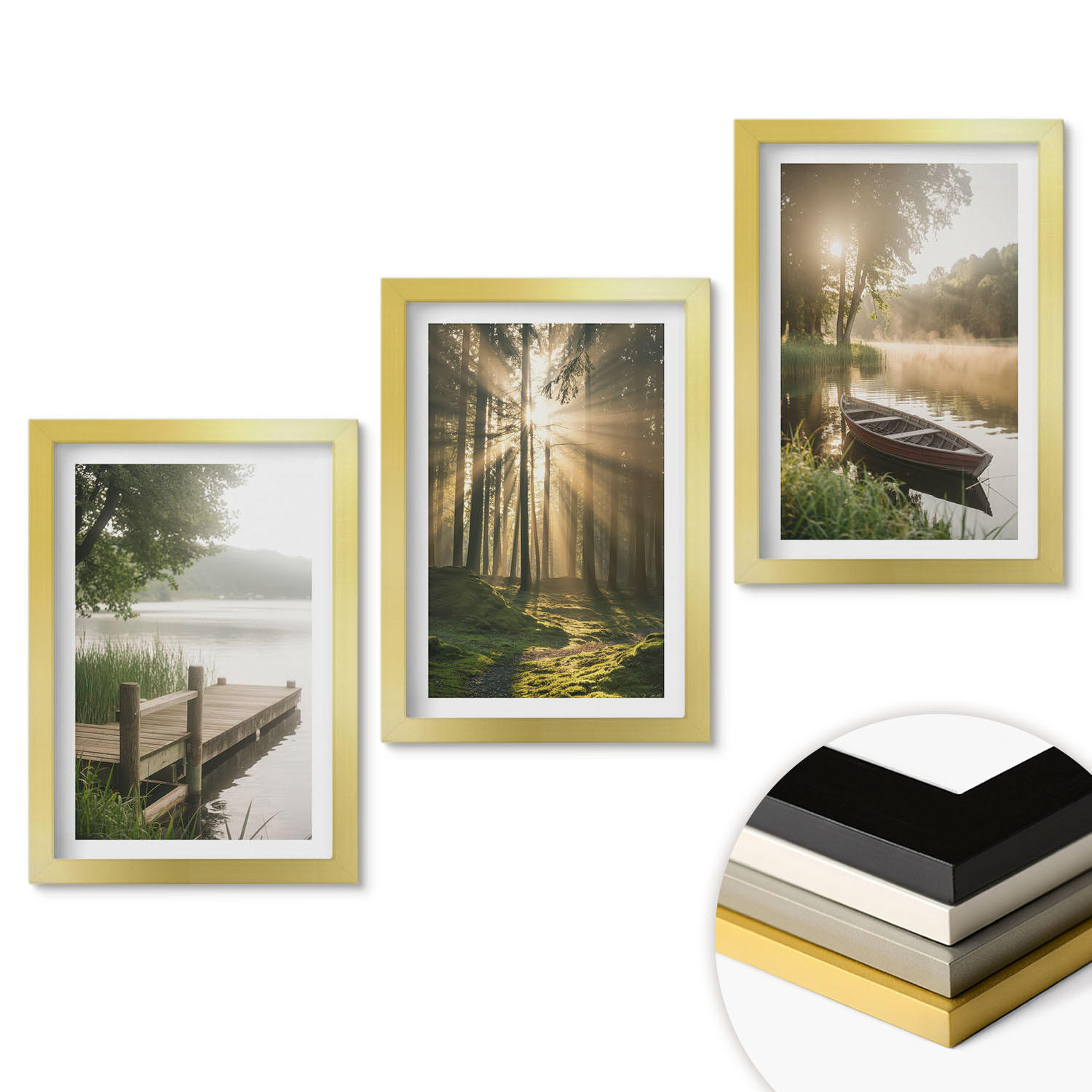 WANDBILDER 3er Set - 20x30 cm Goldrahmen - See, Wald, Boot, Morgennebel - Goldfarben, Kunststoff (20/30cm) - ArtPrintCave