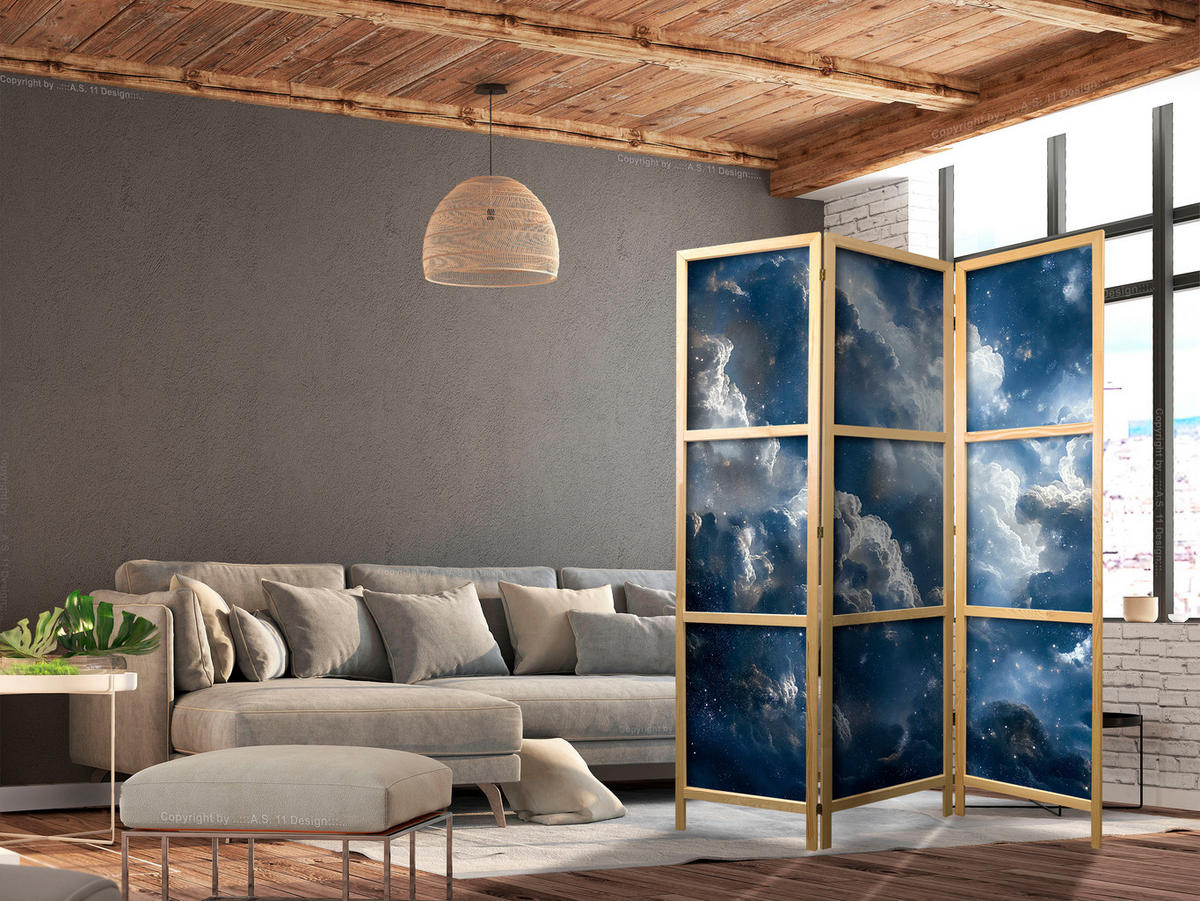 PARAVENT Japanischer 3-tlg 135x172 cm Wolken Und Sterne - Blau, Holz/Textil (135/172/3cm) - Muralo