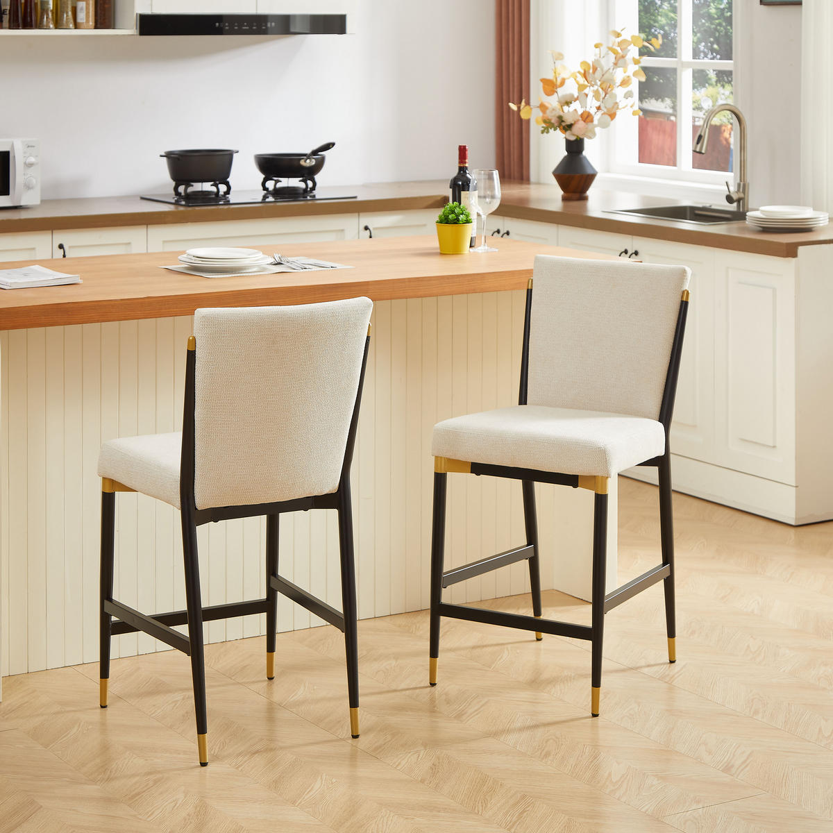 BARHOCKER DE-36392 2er-Set mit Stoffbezug Schwarz - Beige, Metall (59/102/49cm) - ComfortXL