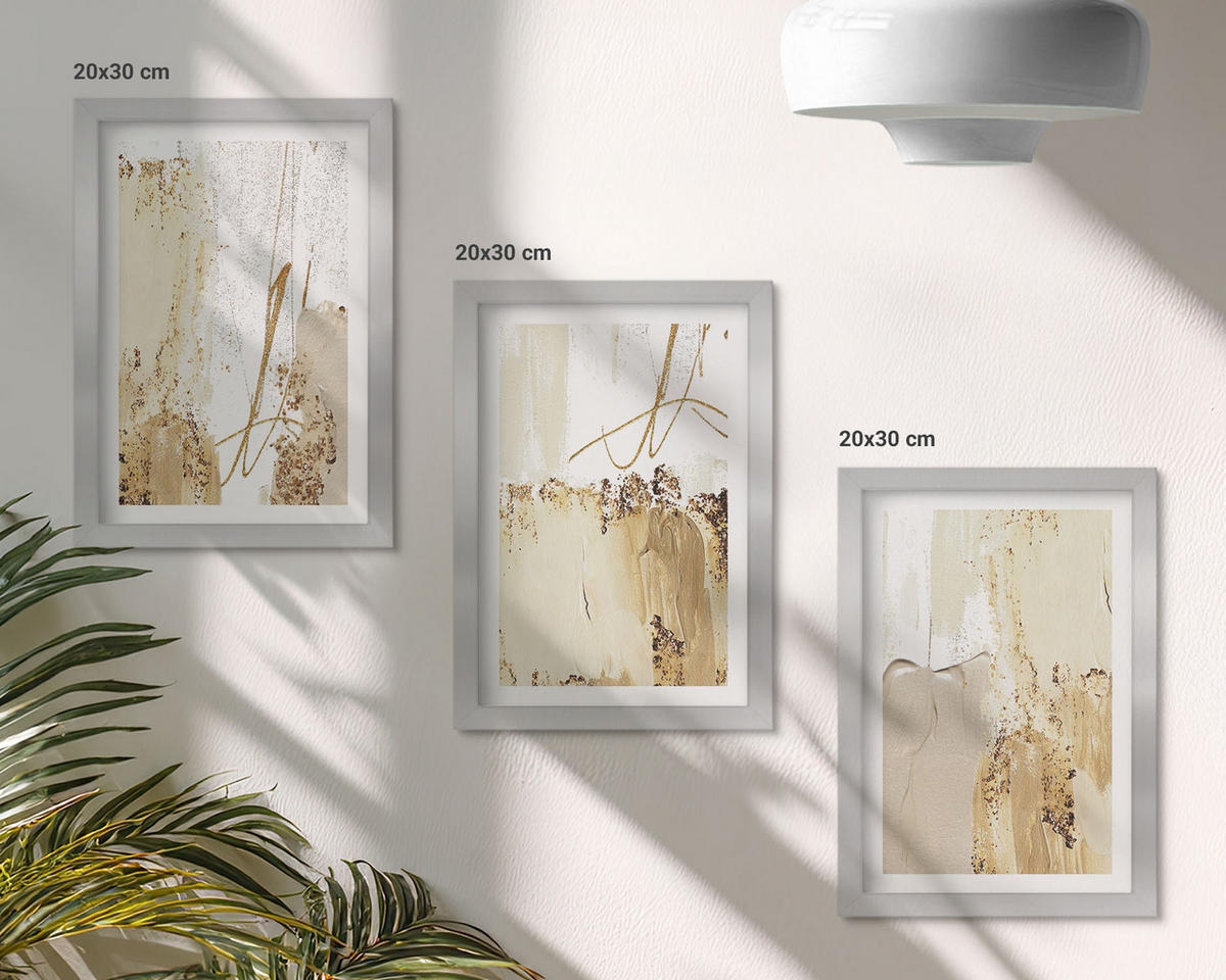 WANDBILDER 3er Set - 20x30 cm Silberner Rahmen - Abstrakte Muster beige weiß - Silberfarben, Kunststoff (20/30cm) - ArtPrintCave