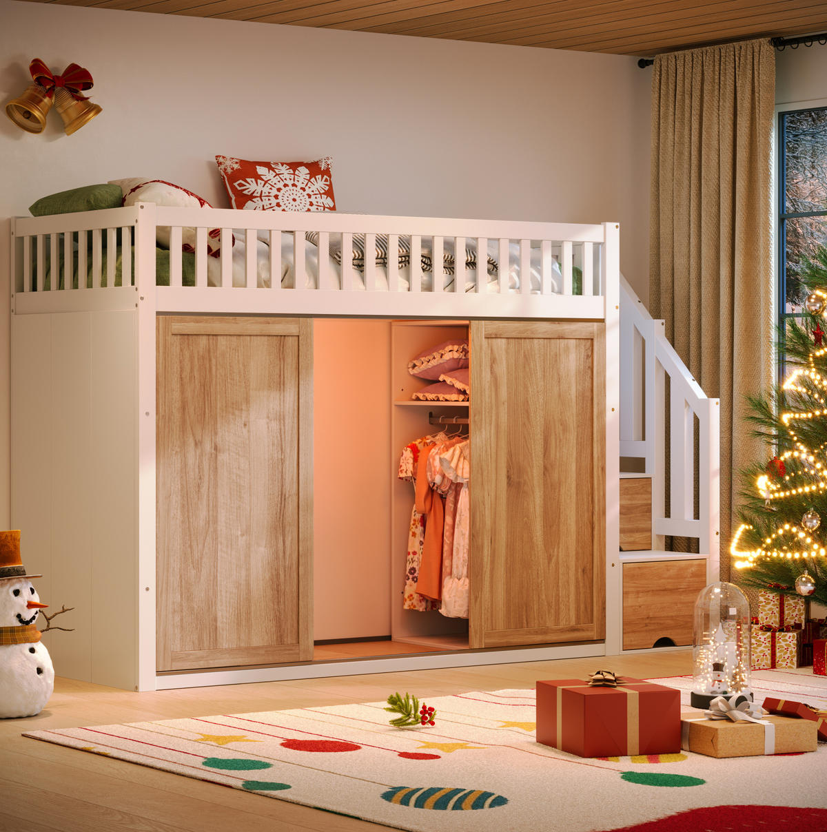 HOCHBETT 90/200 cm aus Massivholz/MDF mit Kleiderschrank, Treppenschrank und LED-Lichtleiste Weiß/Eichefarben - Weiß, Holz (90/200cm) - Modenvie