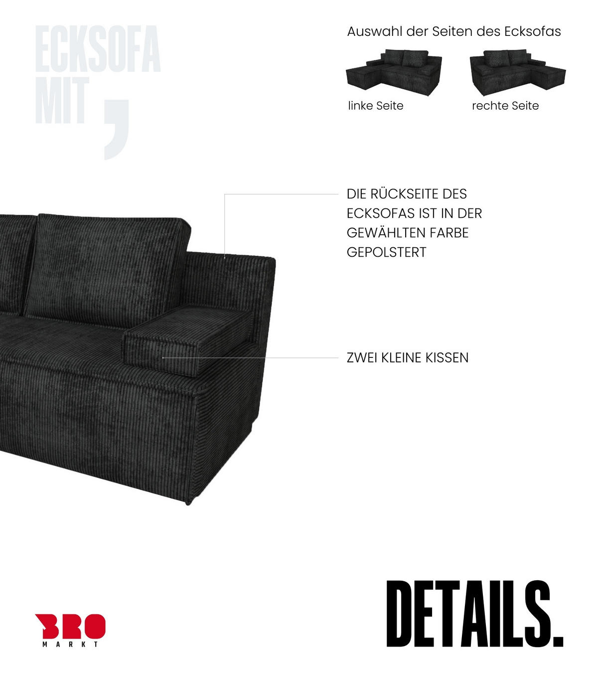 ECKSOFA Caspar mit Schlaffunktion Schwarz Cord - Schwarz, Textil (200/141cm) - Bromarkt