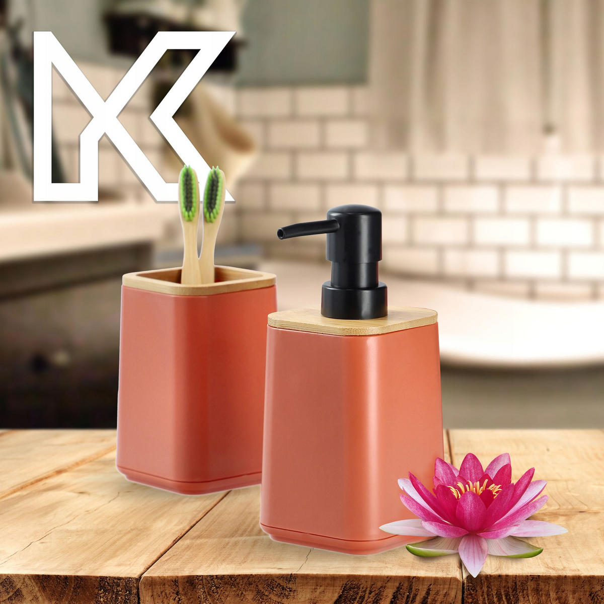 BADEZIMMERSET SEIFENSPENDER + Badezimmerbecher-Set, rosa - Rosa, Kunststoff (7/11cm) - KADAX