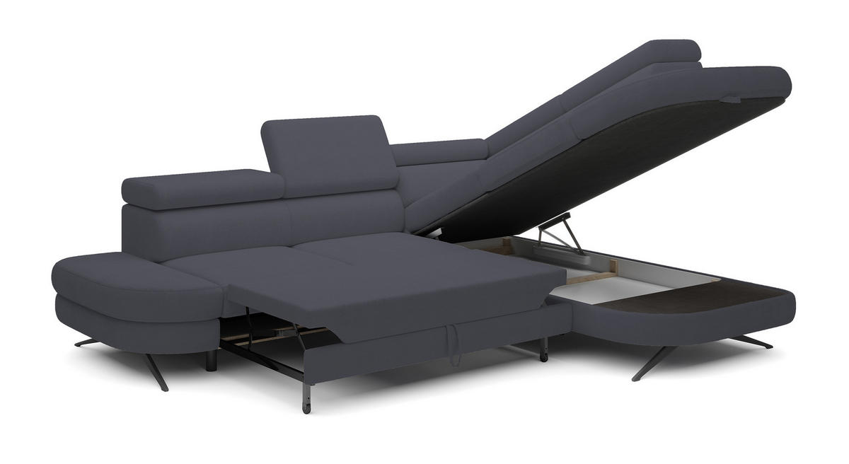 ECKSOFA OTIS L-förm, Schlaffunktion, verstellbare Kopfstützen, in AURORA-Stoff, lose Rückenkissen, freistehend, RECHTS 276x218x97 cm Dark grey - Dunkelgrau, Holz/Textil (276/218cm) - DomoHome