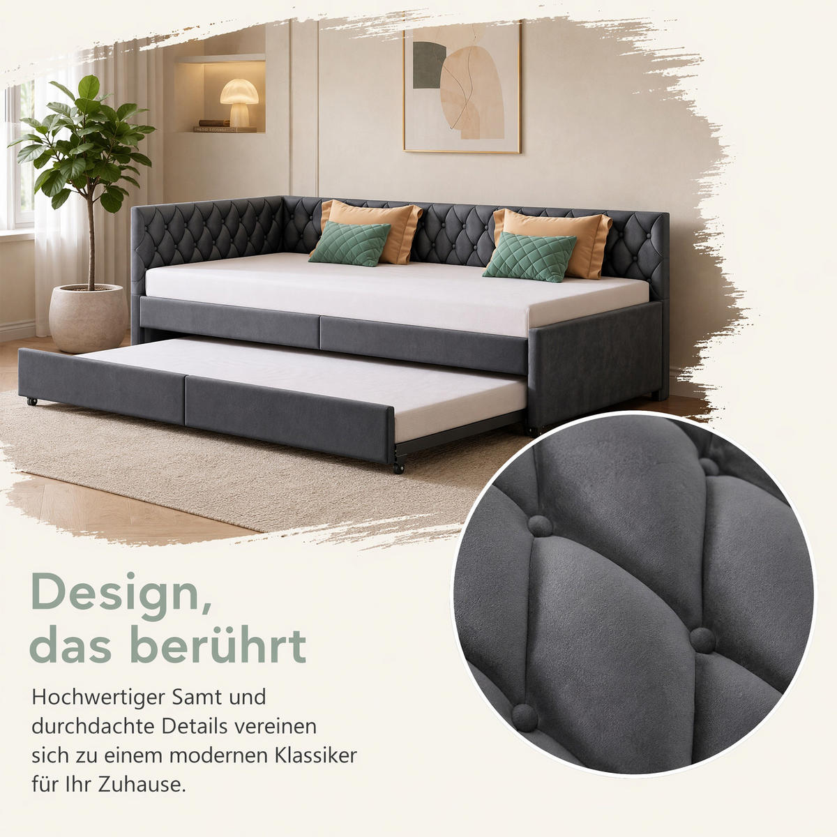 SCHLAFSOFA 2 sitzer, ausziehbar zum Bett 90(180)x200, mit Lattenrost, Samt Grau, für das Wohnzimmer - Grau, Holz/Textil (96/70/205cm) - GENKI LIVING