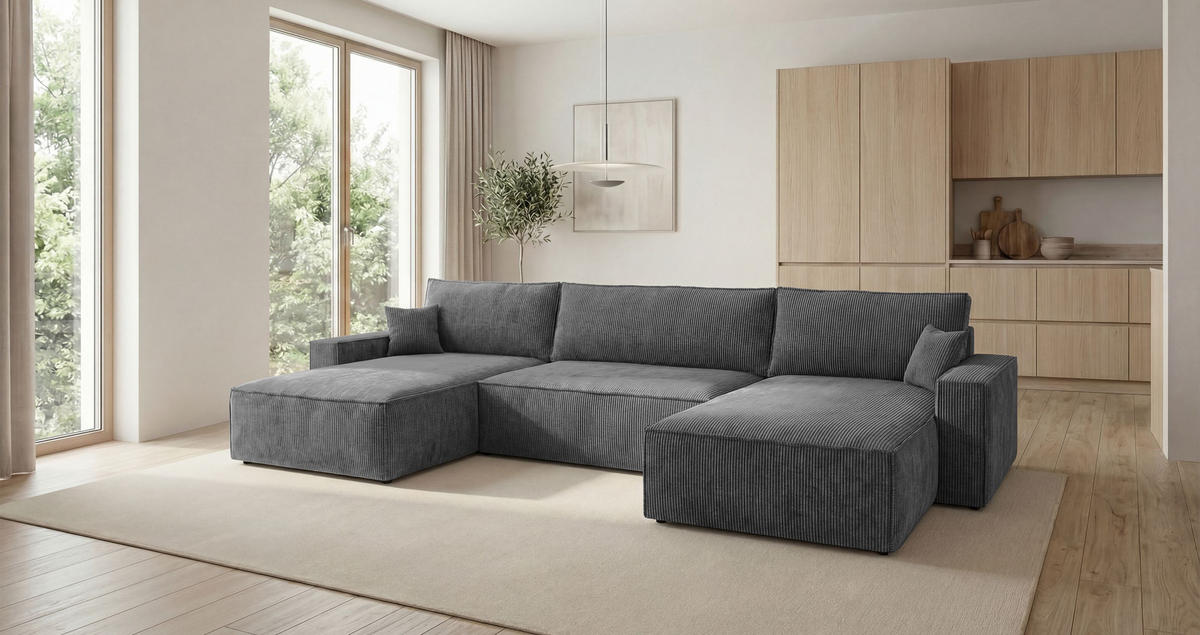 WOHNLANDSCHAFT VIENNA U-Form dunkelgrau Cord Poso 60 - Schlaffunktion, Bettkasten - Anthrazit, Textil (385/86/185cm) - Cornero