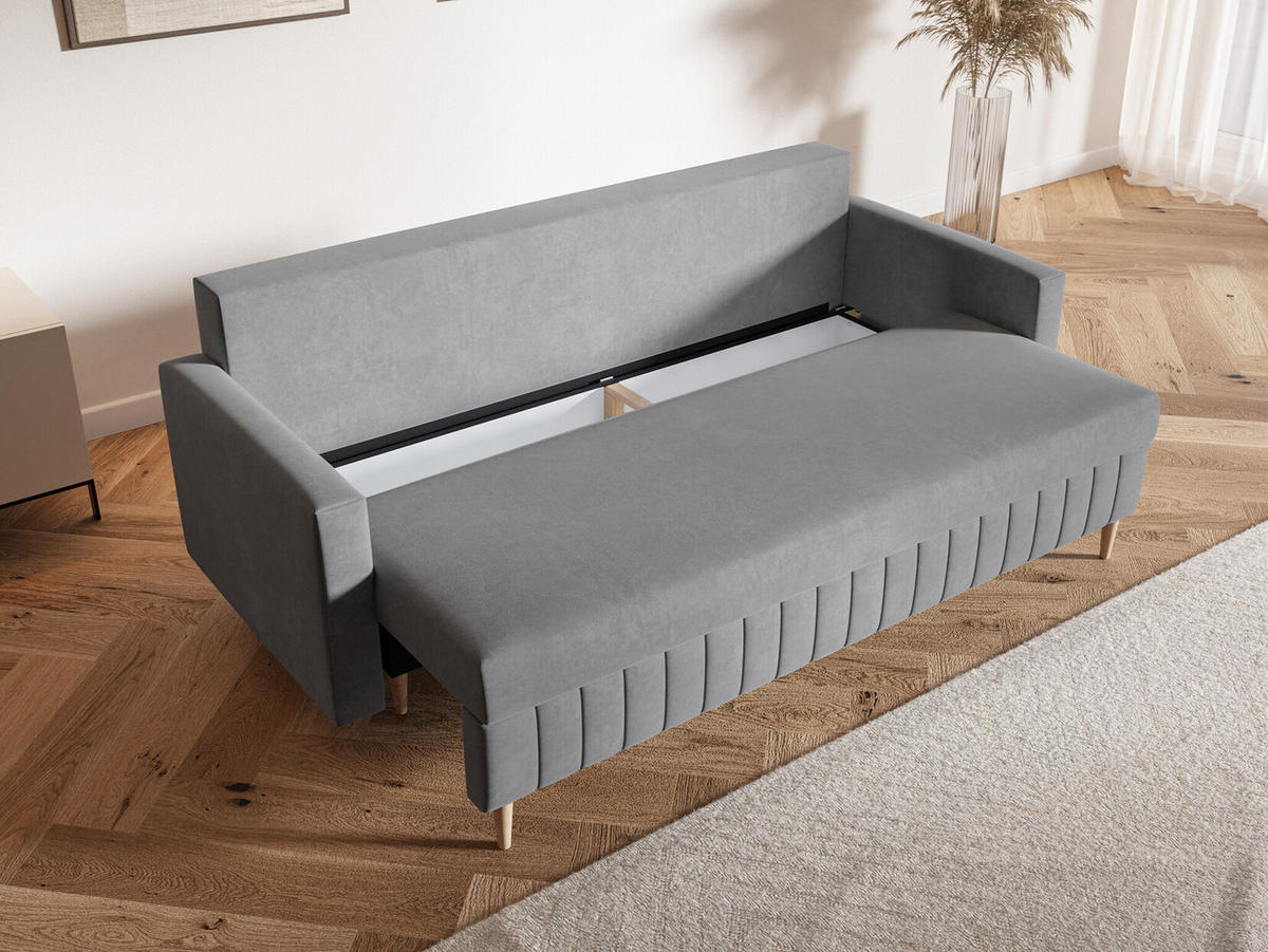 SCHLAFSOFA 215 cm Scandi, 3-seater, Bettkasten, Beine, Hellgrau - Hellgrau, Holz (215/94/90cm) - Emporius