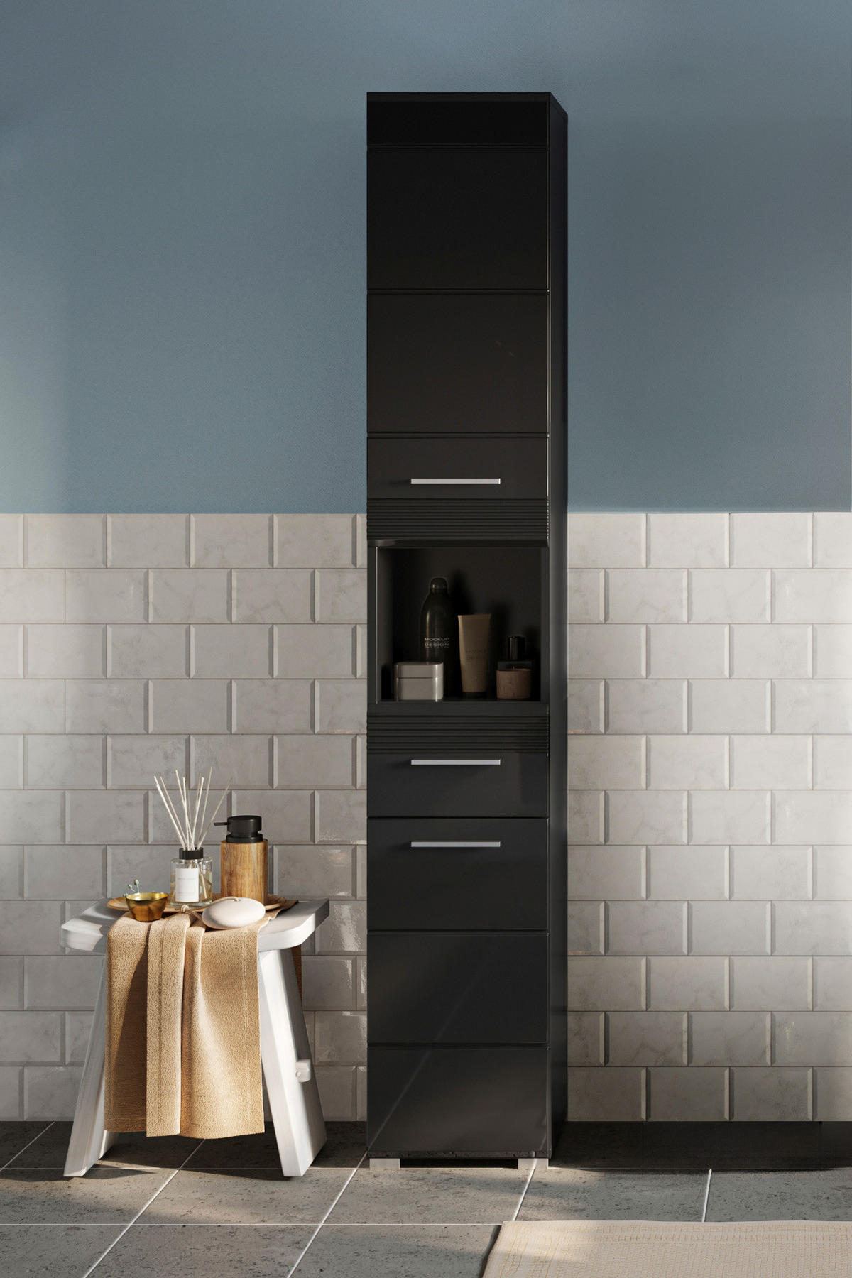 HOCHSCHRANK Linus Bad in schwarz Nachbildung und schwarz hochglanz B/H/T: 30x181x30 cm - Schwarz, Holz (30/181/30cm)