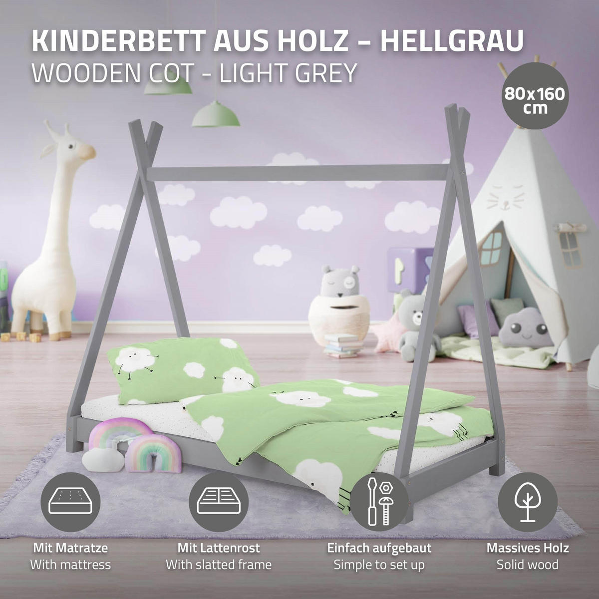 KINDERBETT Tipi mit Matratze 80x160 cm Hellgrau - Hellgrau, Holz (80/160cm) - ML-DESIGN