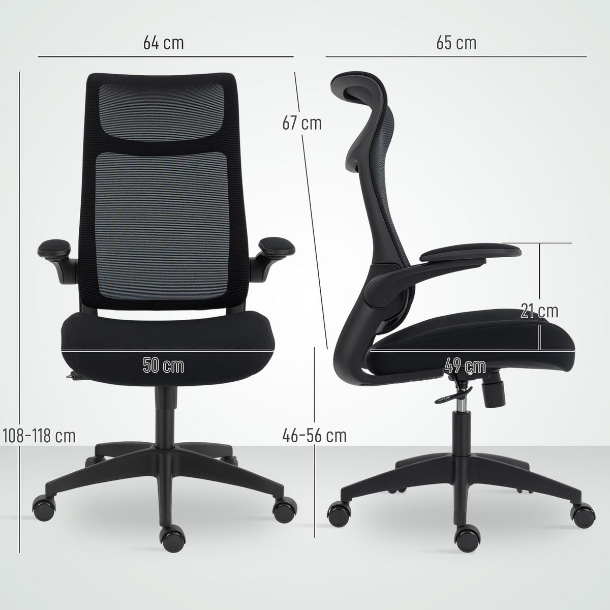 BÜROSTUHL mit 3D-Armlehnen Netzbespannung Kopfstütze Ergonomisch - Schwarz, Kunststoff/Textil (64/118/65cm) - HOMCOM