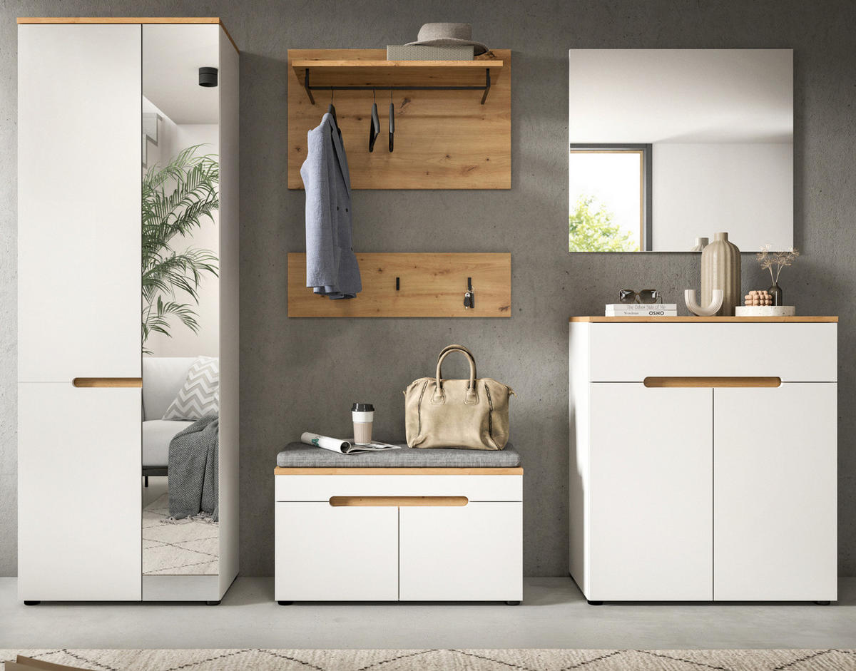 GARDEROBEN-SET weiß, Eiche Artisan 7-teilig, Komplett-Set mit Soft-Close und Sitzkissen - Weiß, Glas/Holzwerkstoff (255/190/37cm) - Inn.Furn