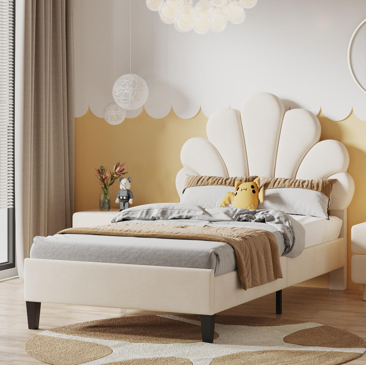 POLSTERBETT 90/200 cm Beige aus Samtstoff mit Blumen-Kopfteil - Beige, Textil (90/200cm) - OKMYHOME