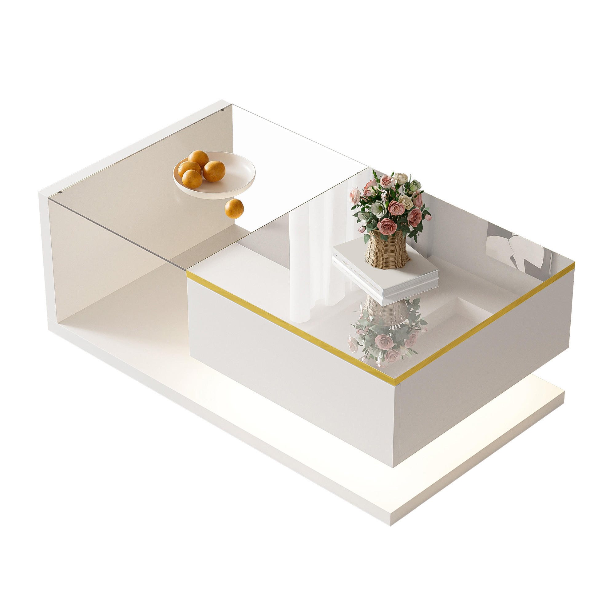 COUCHTISCH 90/50/32.5 cm in Hochglanzweiß aus Spanplatte und Glas mit LED-Beleuchtung - Weiß, Holzwerkstoff (90/50/32.5cm) - OKMYHOME