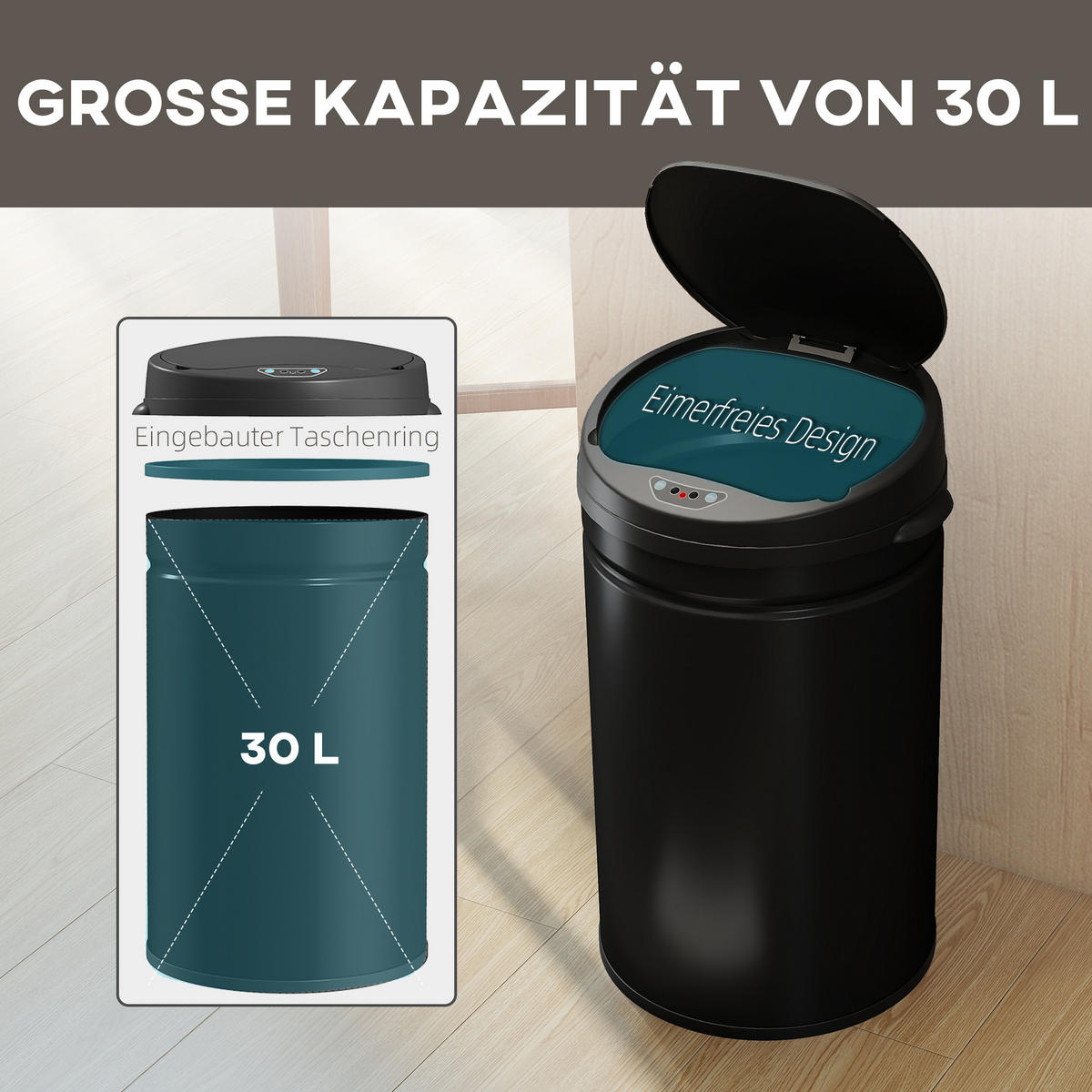 MÜLLEIMER mit Sensor 30L Edelstahl Automatischer Mülleimer mit Soft-Close-Deckel - Schwarz, Metall (30.5/51/32cm) - HOMCOM