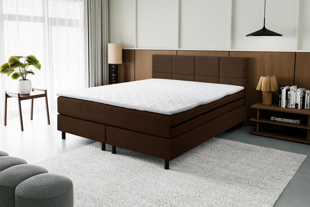 BOXSPRINGBETT Kansas, Polsterbett Maße: 180x200 cm, Farbe: Braun, Velourstoff, Doppelbett mit Bonell-Matratze H3 inkl. Topper - Braun, Holz/Kunststoff (180/200cm) - VENASI MÖBEL