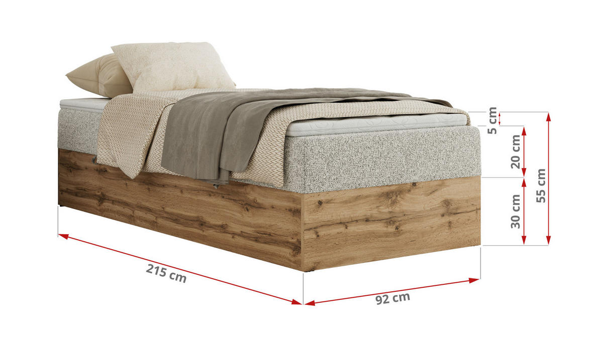 BOXBETT WOOD ZERO 90/200 - Hellgrau Struktur - H3 - Topper T25 - Hellgrau, Textil (90/200cm) - MKS