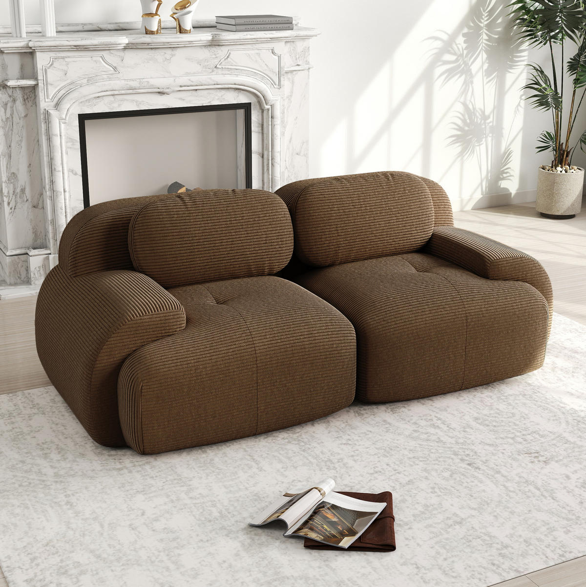 MODULÁRNÍ rohová pohovka z manšestrové látky hnědá bez rámu s měkkým polstrováním - hnědá, textil (103/75/208cm) - OKWISH