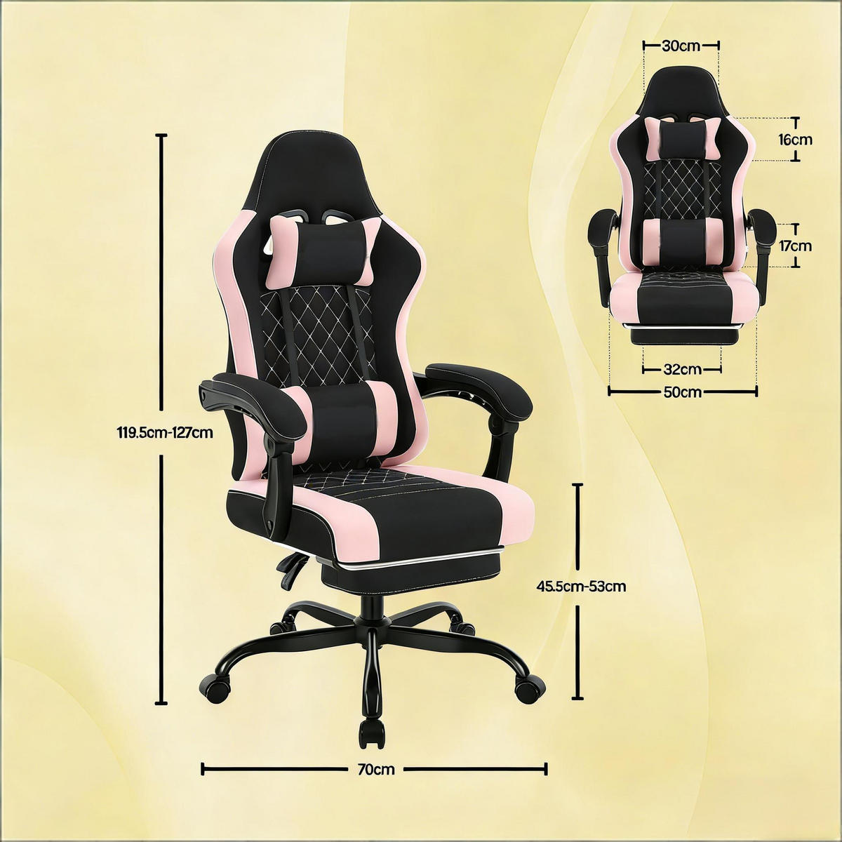 GAMINGSTUHL Schwarz/Pink 70/70/127 cm - Schwarz, Metall (70/127/70cm) - PANGIVO